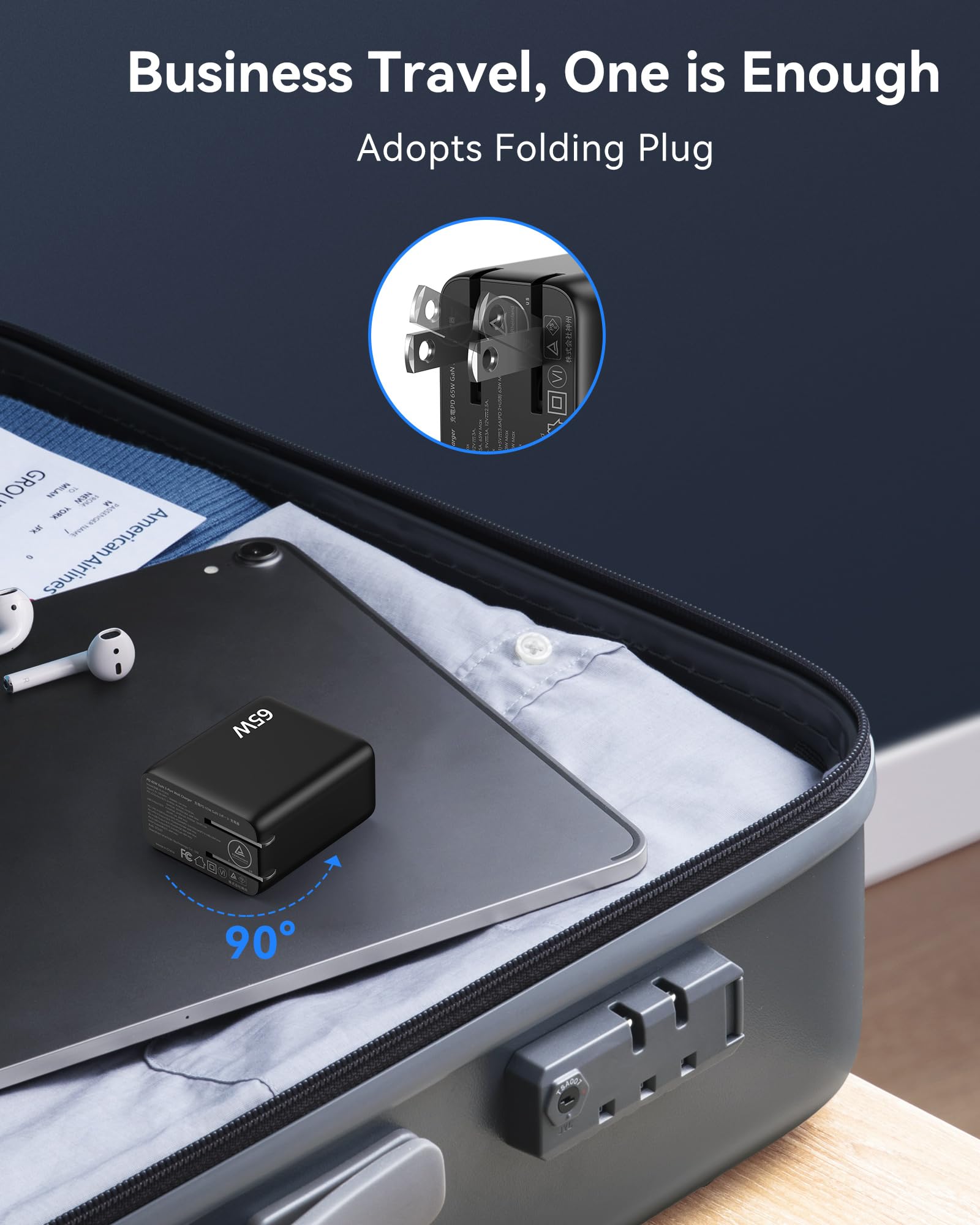 TECKNET 65W USB C GaN Fast Charger, PD 3.0 Foldable Wall Adapter with 3 Ports - Compatible with iPhone 16 Series, MacBook Pro, iPad, Galaxy S24/S23 - Perfect for Travel, Office & Home Charging