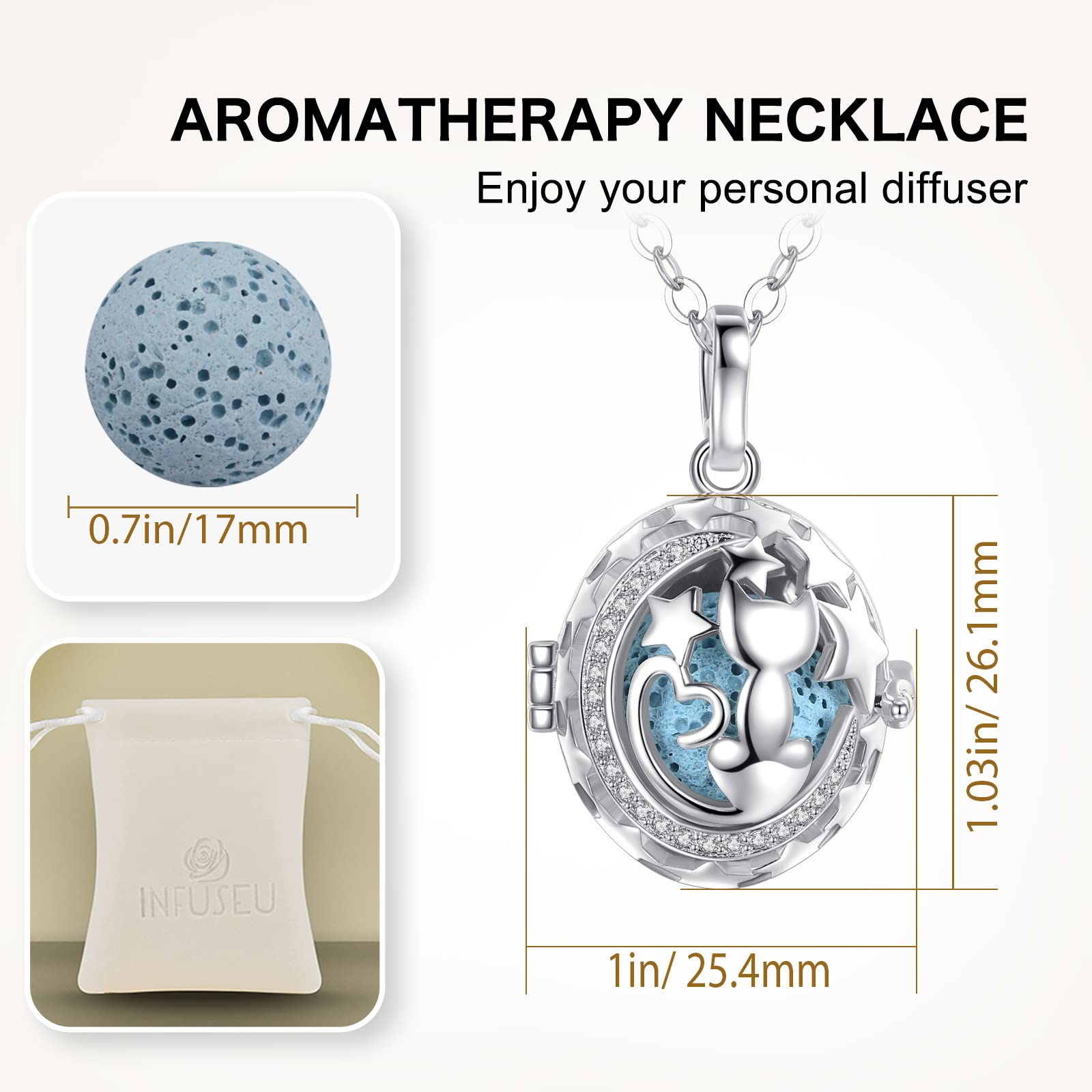 INFUSEU Aromatherapy Essential Oil Diffuser Necklace for Women - Cute Animal Pendant with 7 Lava Stones & 24
