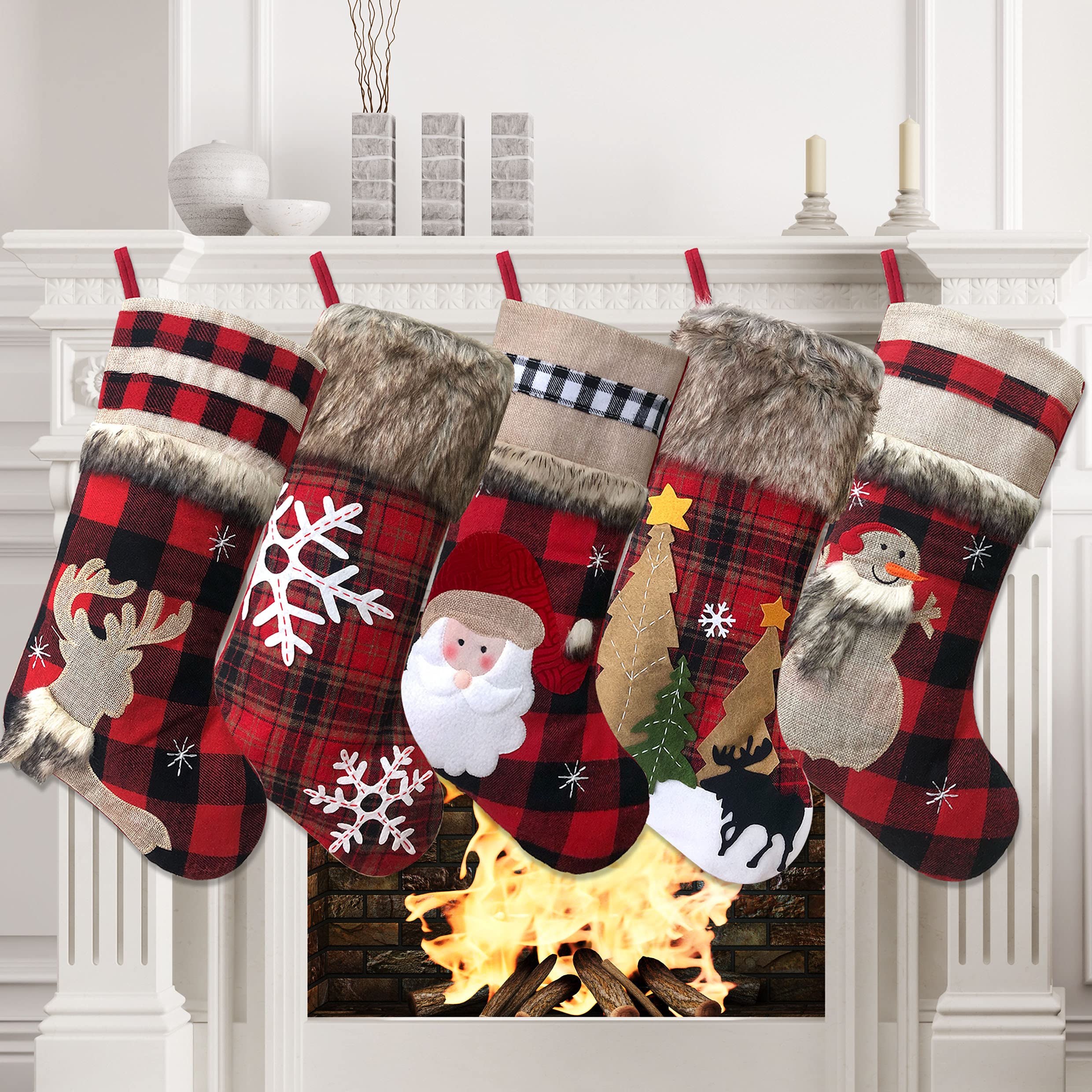 BRvieluck Christmas Stockings Set of 5 - Buffalo Red Plaid with Soft Faux Fur Trim, Large 20 Inch Holiday Stockings for Fireplace Decor, Family Gift Exchange, Xmas Party & Festive Home Decoration (5 Pack) - Perfect for Christmas Morning, Santa Gifts, and Cozy Winter Celebrations