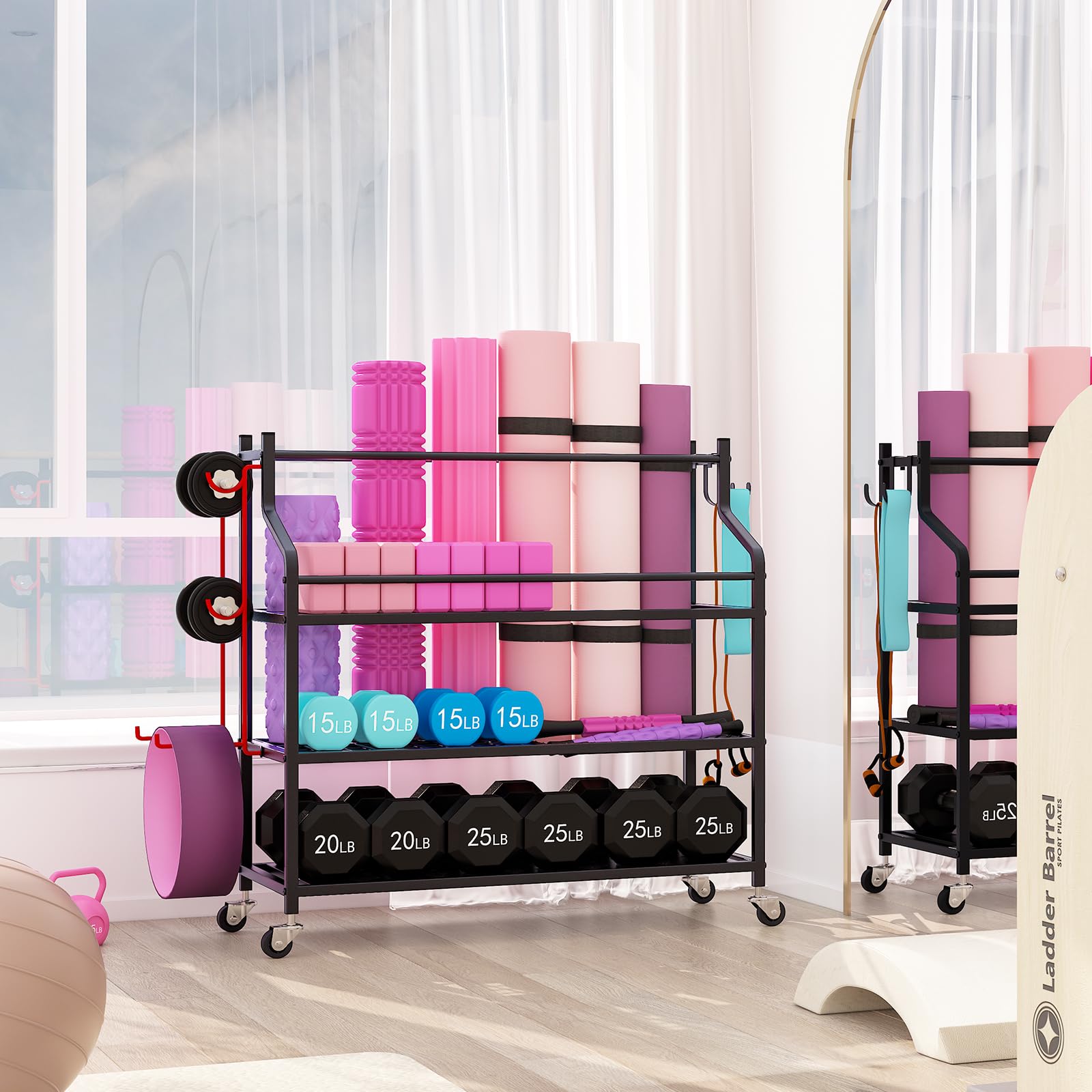 VILAWLENCE Yoga Mat Storage Rack Cart - Multifunctional Home Gym Organizer for Dumbbells, Kettlebells & Exercise Ropes - Large Capacity Removable Equipment Storage Solution for Home Workouts & Yoga Studios