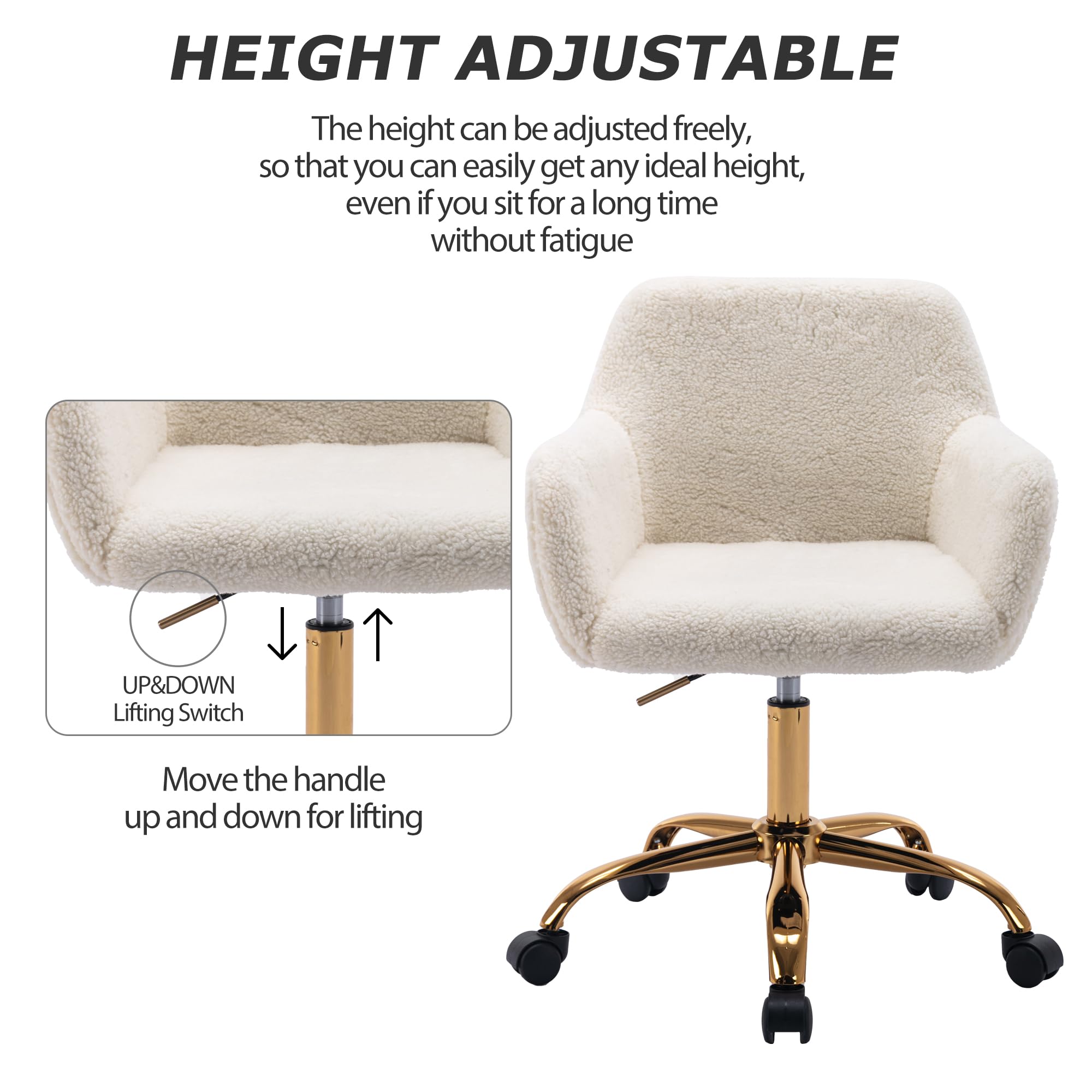 KCC Faux Fur Office Desk Chair - Soft Swivel Armchair with Wheels, Adjustable Height Upholstered Fuzzy Vanity Chair in White | Perfect for Home Office, Gaming Setup & Makeup Vanity