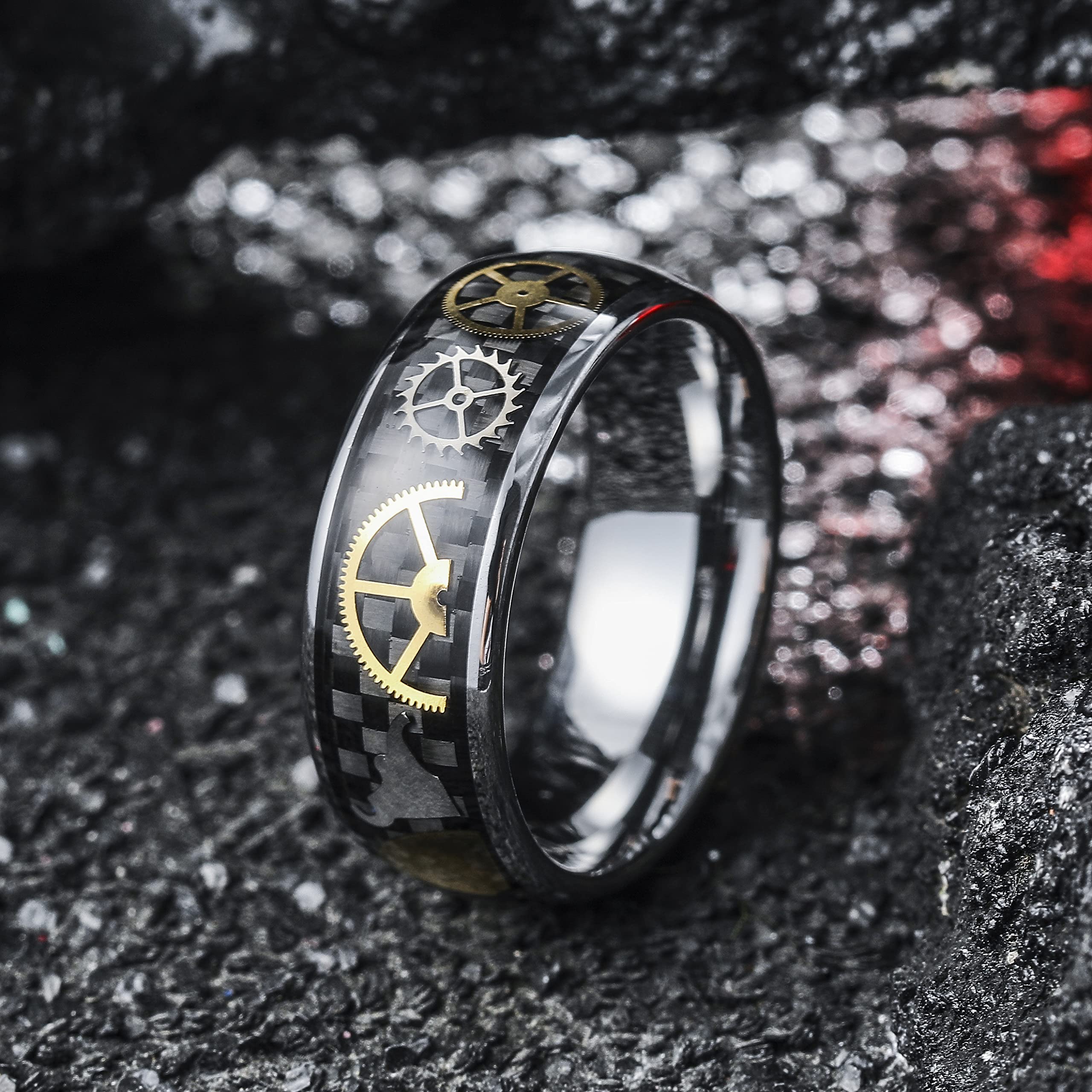 Premium Tungsten Carbide Men's Wedding Band Ring - Gold Gear Design with Meteorite Inlay & Color Stones | Punk Mechanical Style for Engagement & Anniversary | Durable Polish Finish in Blue Black/Silver | Perfect for Everyday Wear, Special Occasions & Gift Giving