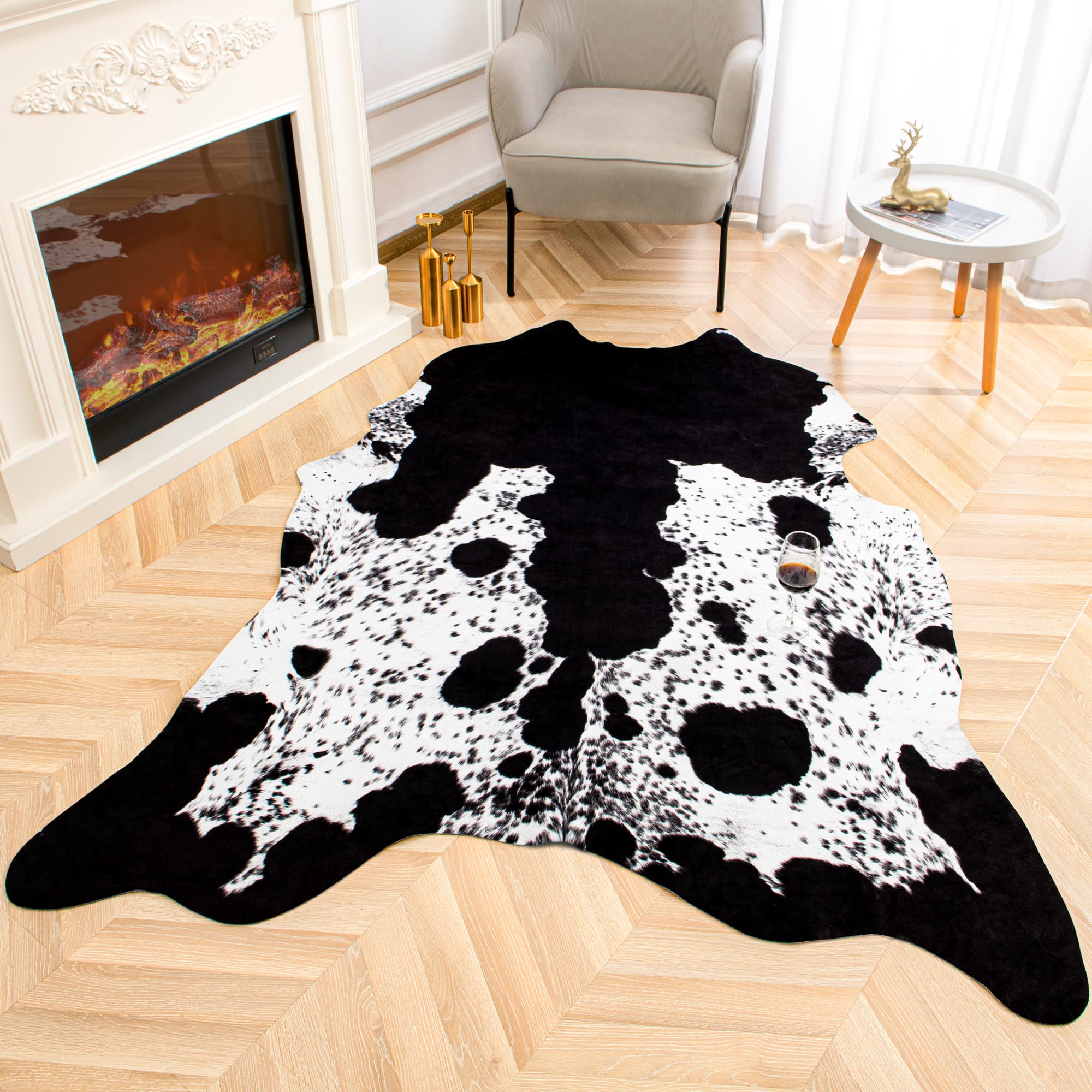 Stylish Faux Cowhide Rug 5.2x4.6 Feet - Soft Black & White Cow Print Area Rug for Living Room, Bedroom, Nursery - Western Home Decor & Bohemian Style Accent - Perfect for Farmhouse, Dorm, or Office Decor