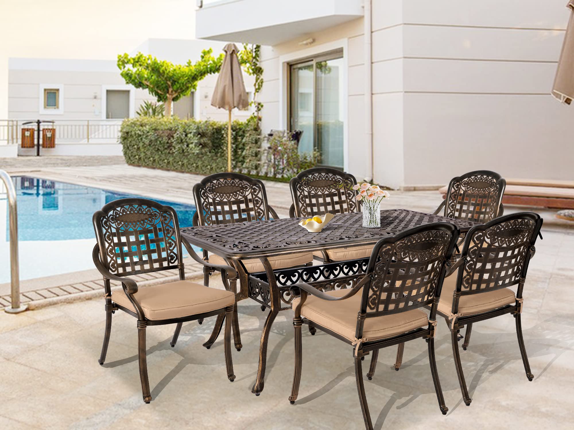 TITIMO 7-Piece Cast Aluminum Outdoor Dining Set - Rectangle Table & 6 Stackable Chairs for Patio, Backyard, Garden, Deck | Durable Weather-Resistant Furniture for Entertaining & Family Gatherings