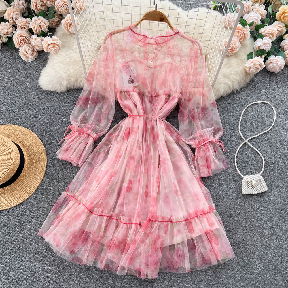 French Sweet Long Sleeve Mesh Floral Princess Dress for Women | Elegant Autumn Party Gown | Perfect for Weddings, Tea Parties & Formal Occasions
