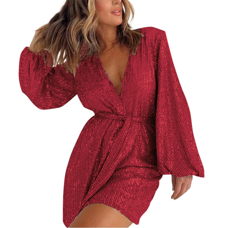 Sparkly Sequin Bodycon Dress for Women - Long Sleeve V-Neck Glitter Party Dress with Belt | Sexy Slit Mini Dress for Club, Evening, Date Night & Special Occasions