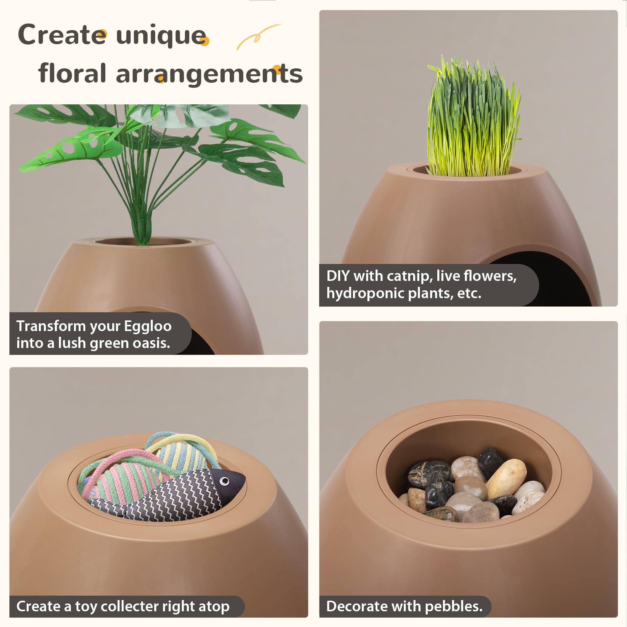 Eggloa6 Hidden Cat Litter Box with Artificial Plants - DIY Discreet Litter Box Furniture for Home Decor (Coffee Brown) - Perfect for Small Spaces & Pet-Friendly Living Rooms