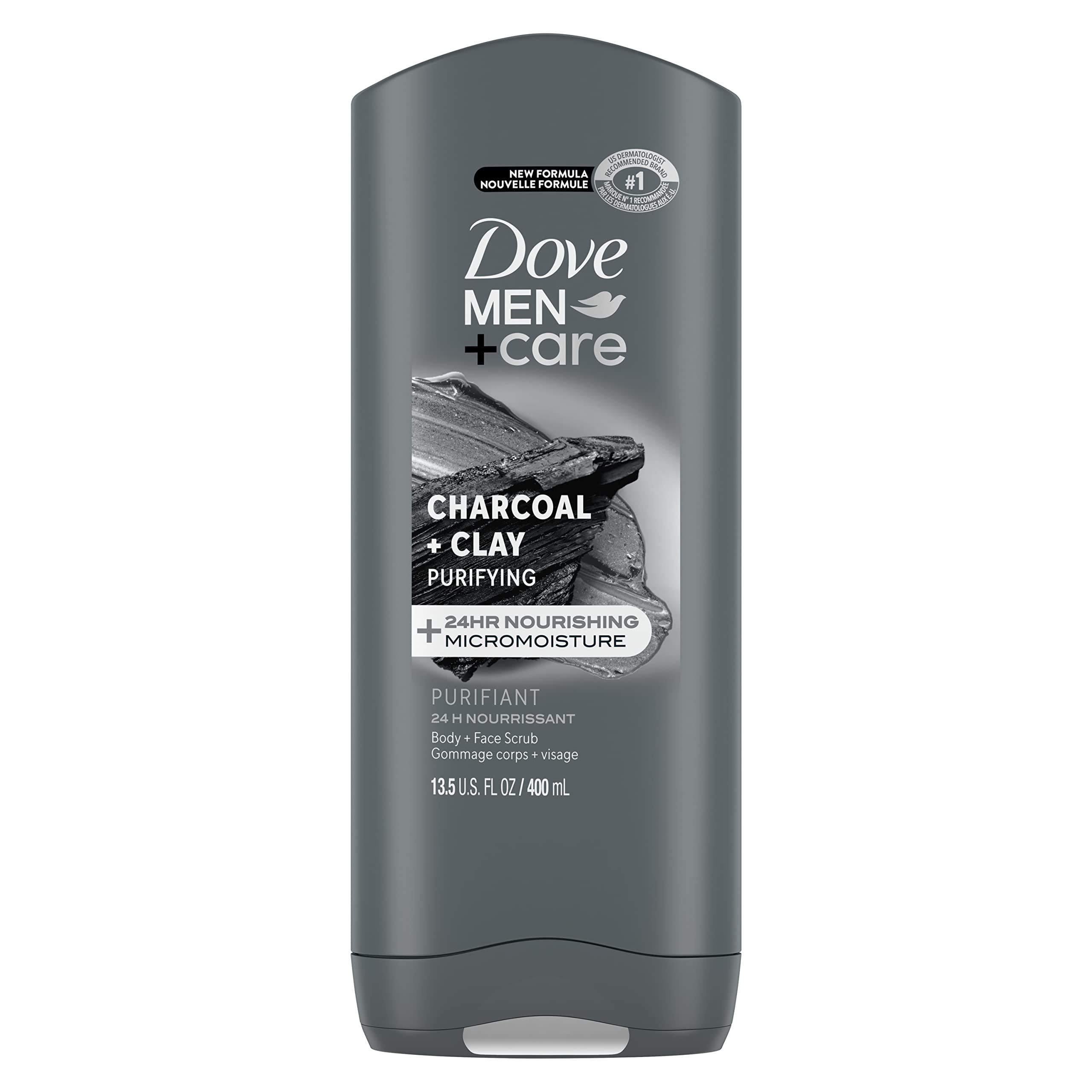 DOVE Men's Charcoal & Clay Body Wash - 24H Moisture for Face & Body - Gym & Travel