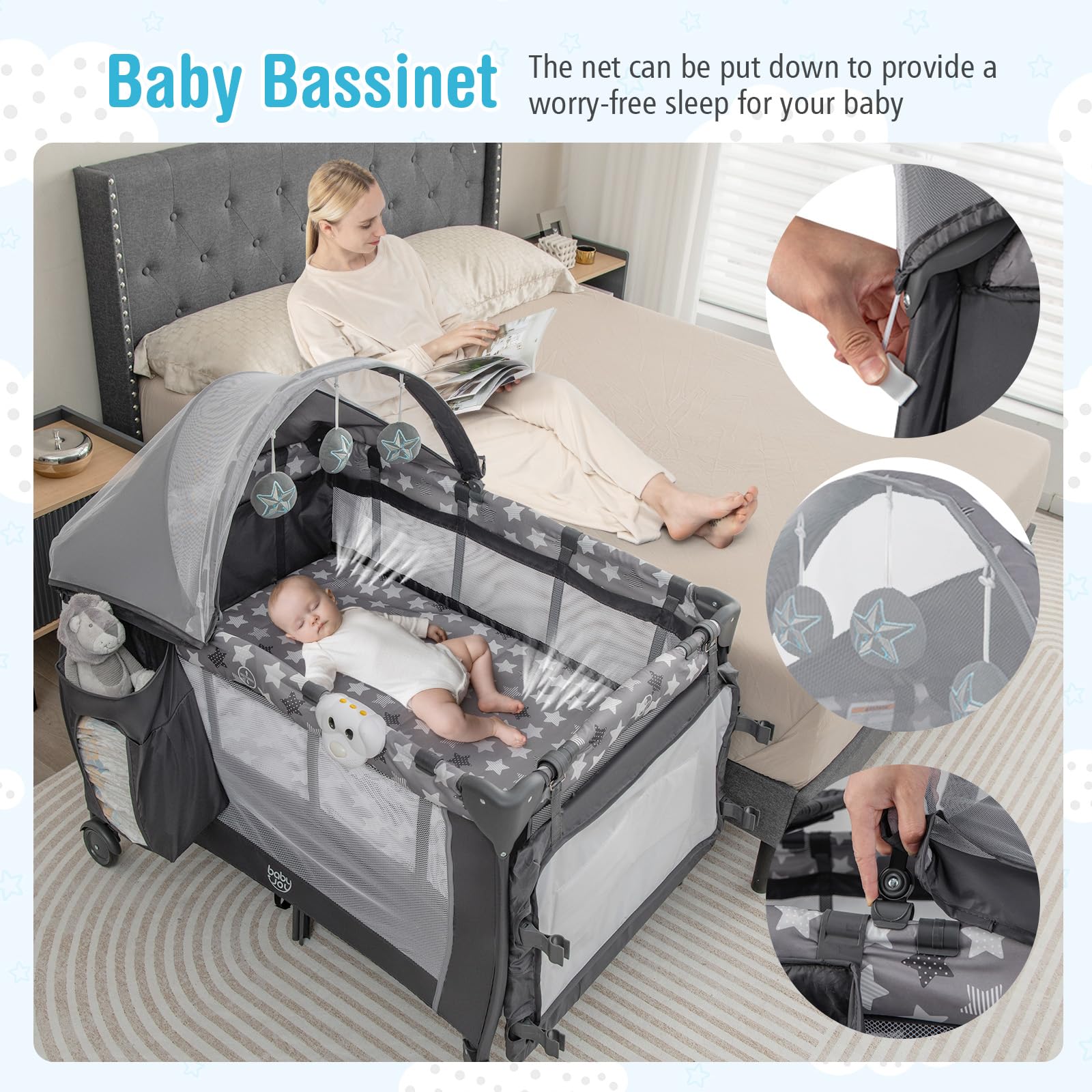BABY JOY 4-in-1 Portable Playard with Bassinet, Changing Table & Music Box - Adjustable Canopy, Lockable Wheels - Travel Crib for Newborn to Toddler - Perfect for Nursery, Daycare & Family Trips