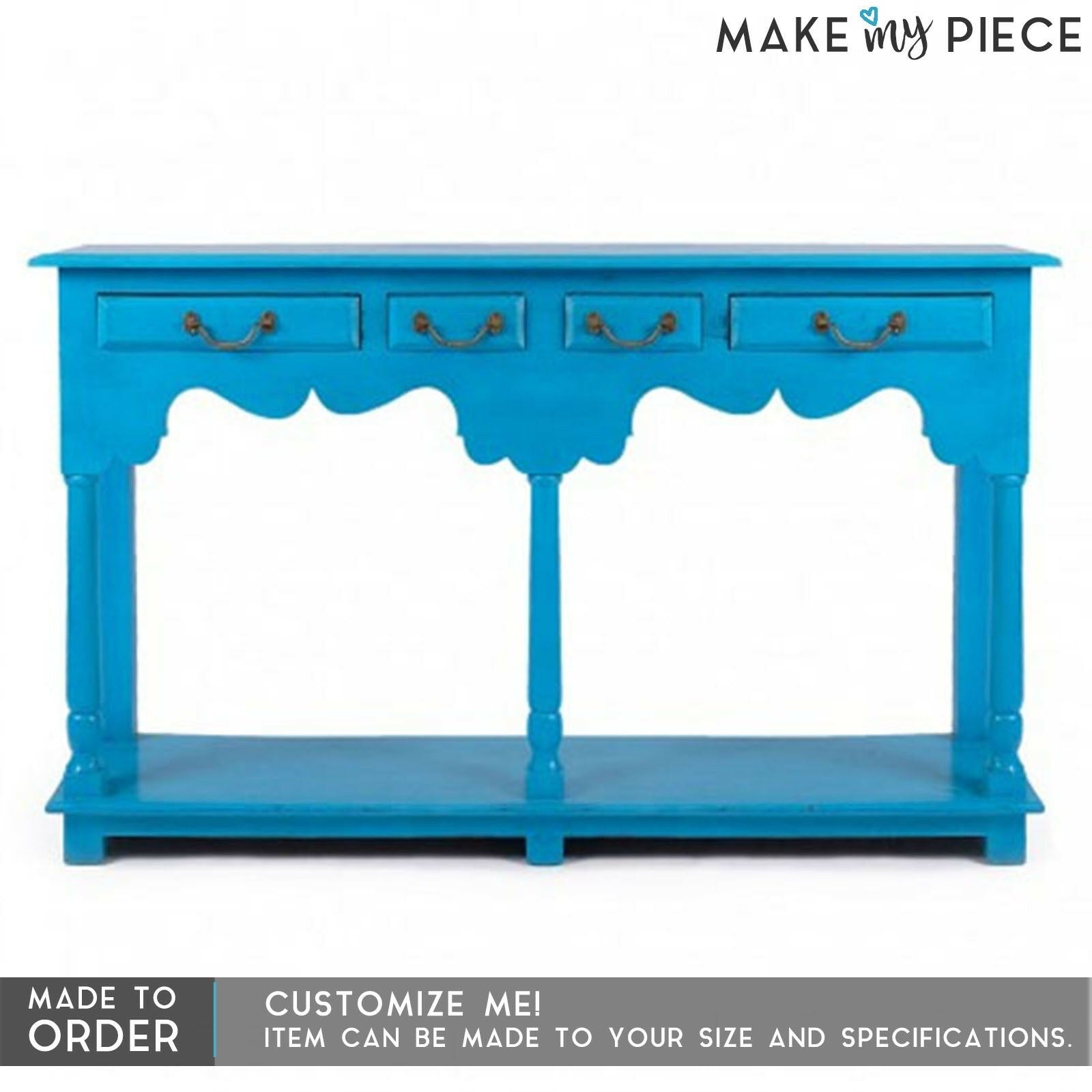 Hand Carved Solid Wood 4-Drawer Hallway Side Table in Blue - Perfect for Entryway Storage & Living Room Decor