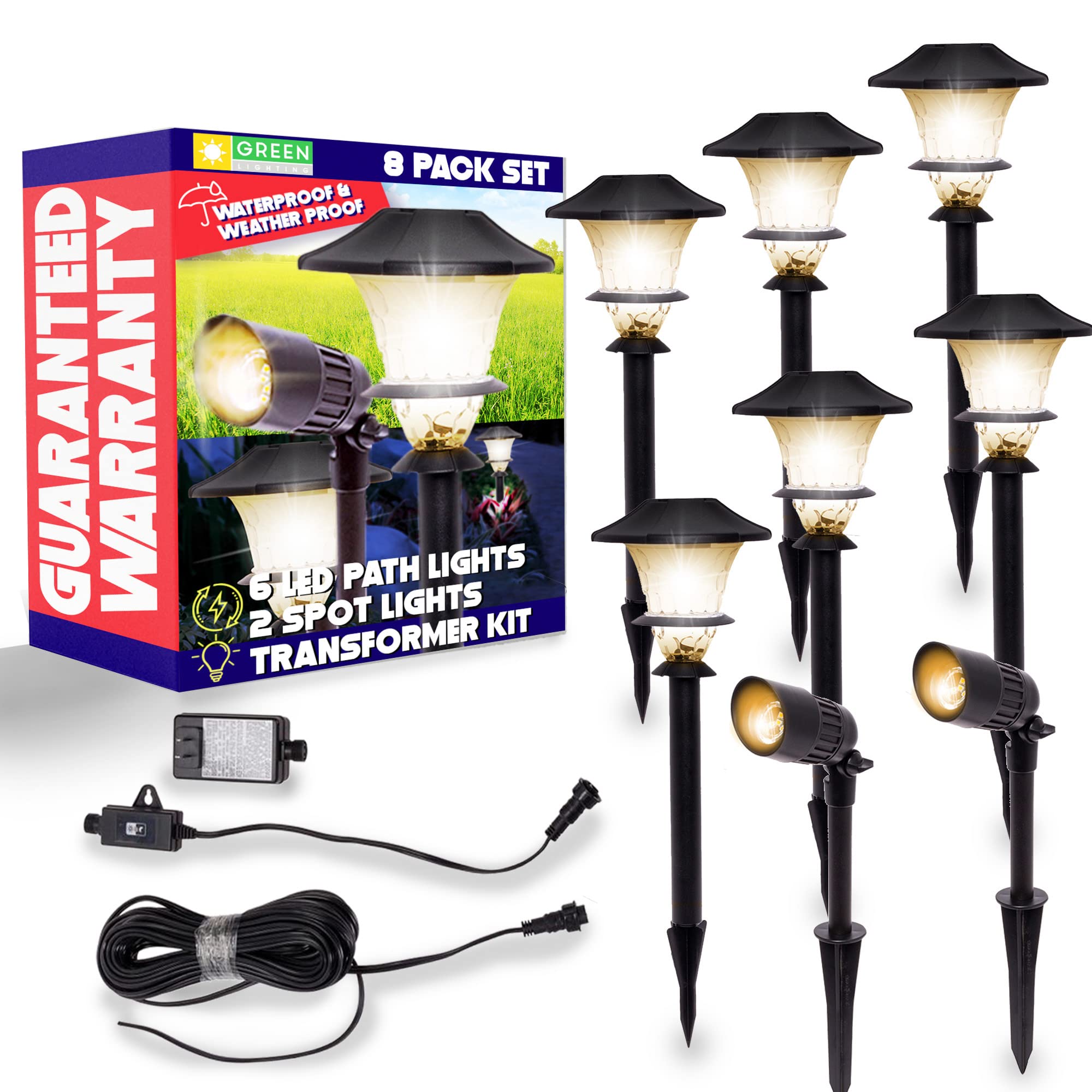 GreenLighting Low Voltage Landscape Lights (8 Pack) - 6 Stake Lights & 2 Flood Spotlights with Transformer | Energy Efficient LED Outdoor Lighting for Yard, Pathway, Garden, Deck & Walkway | Perfect for Landscape Illumination & Nighttime Safety