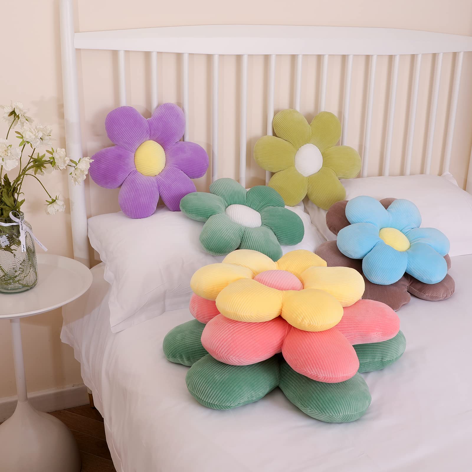 Baiyuruodie Floral Round Decorative Pillow - 15.7 Inch Soft Bed Pillow, Car Seat Cushion & Home Decor Throw Pillow (Creamy White) - Perfect for Sofa, Bedroom, Nursery and Car Interior Accessories