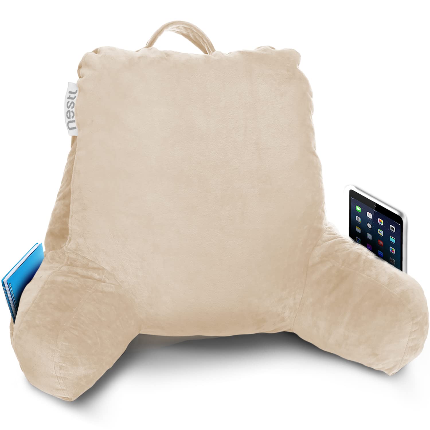 Nestl Reading Pillow with Shredded Memory Foam - Standard Bed Pillow & Back Support for Sitting in Bed, Armchair or Sofa - Beige Cream Pillow with Pockets - Perfect for Reading, Watching TV, or Relaxing in Bed