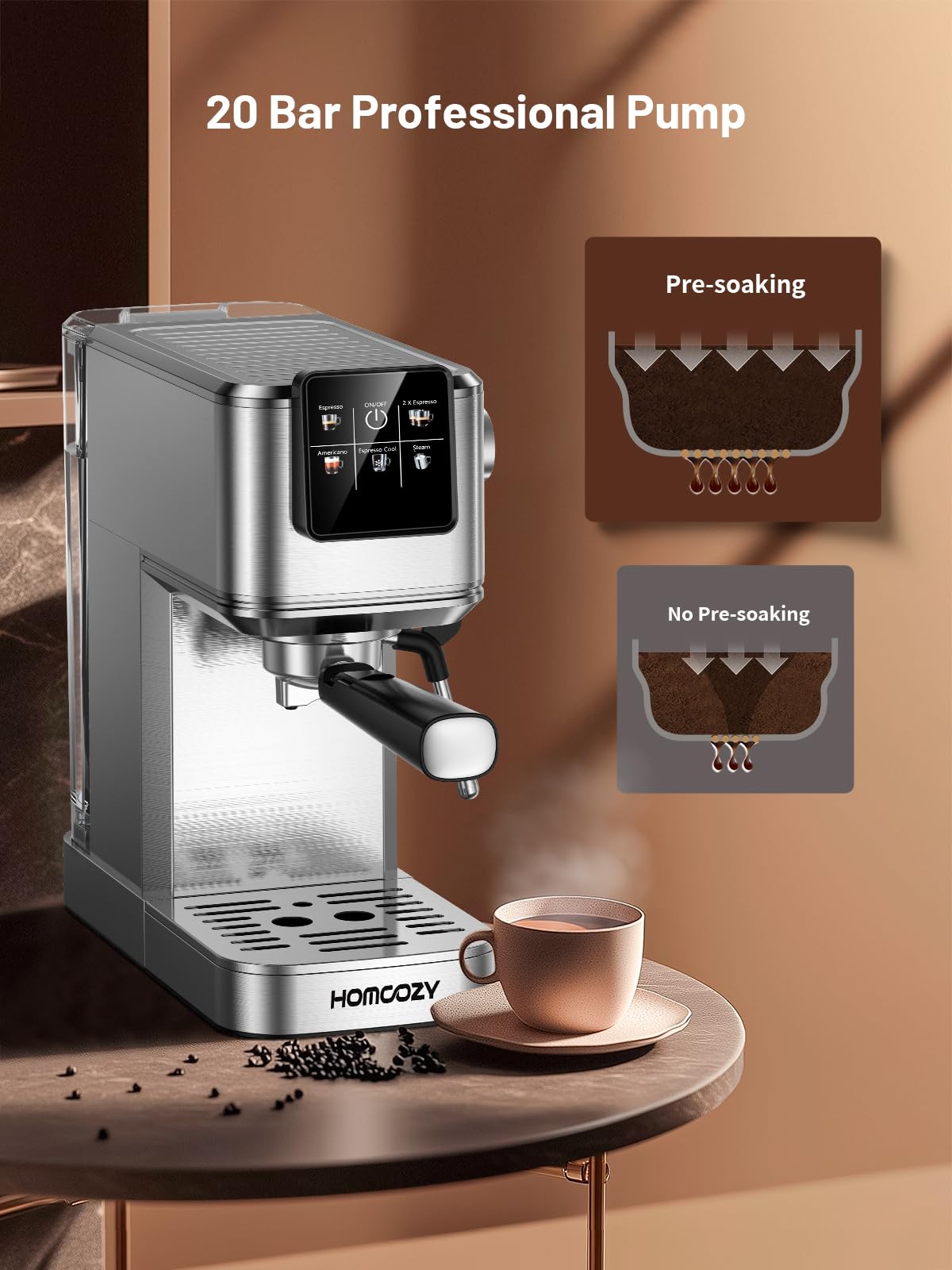 20 Bar Espresso Coffee Machine with Rapid Cold Brew Technology - Separate Milk Tank & Touch Screen Control - Perfect for Lattes, Cappuccinos & Americano - Ideal for Home, Office & Coffee Shops - Stainless Steel Commercial Grade Coffee Maker