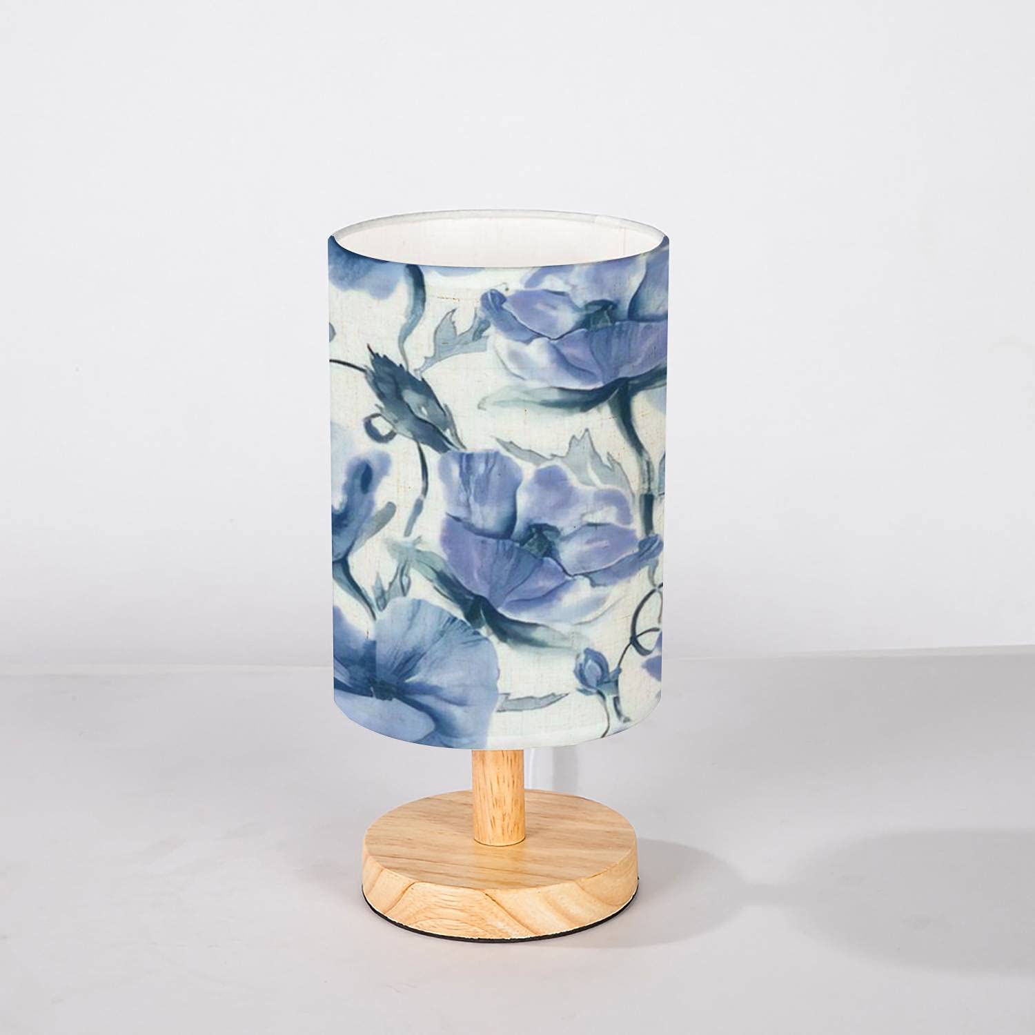Minimalist Solid Wood Nightstand Lamp with Floral Seamless Pattern & Flaxen Fabric Shade - Bedside Desk Lamp for Bedroom, Living Room, Nursery & Office Decor