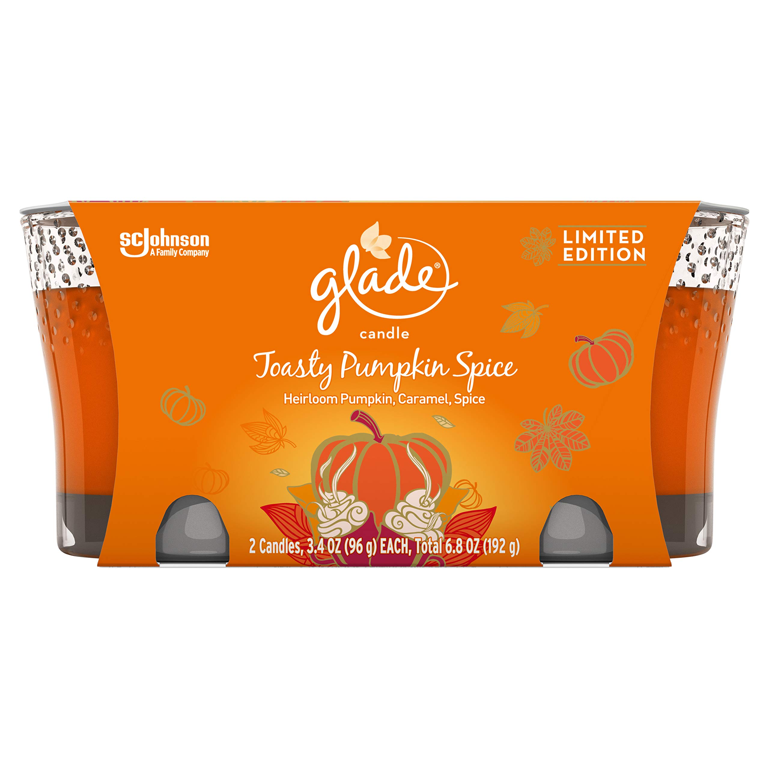 Glade Jar Candle Air Freshener - Limited Edition Toasty Pumpkin Spice Scent - 2 Pack (6.8 oz Each) - Perfect for Fall Home Decor, Thanksgiving Gatherings & Cozy Evenings