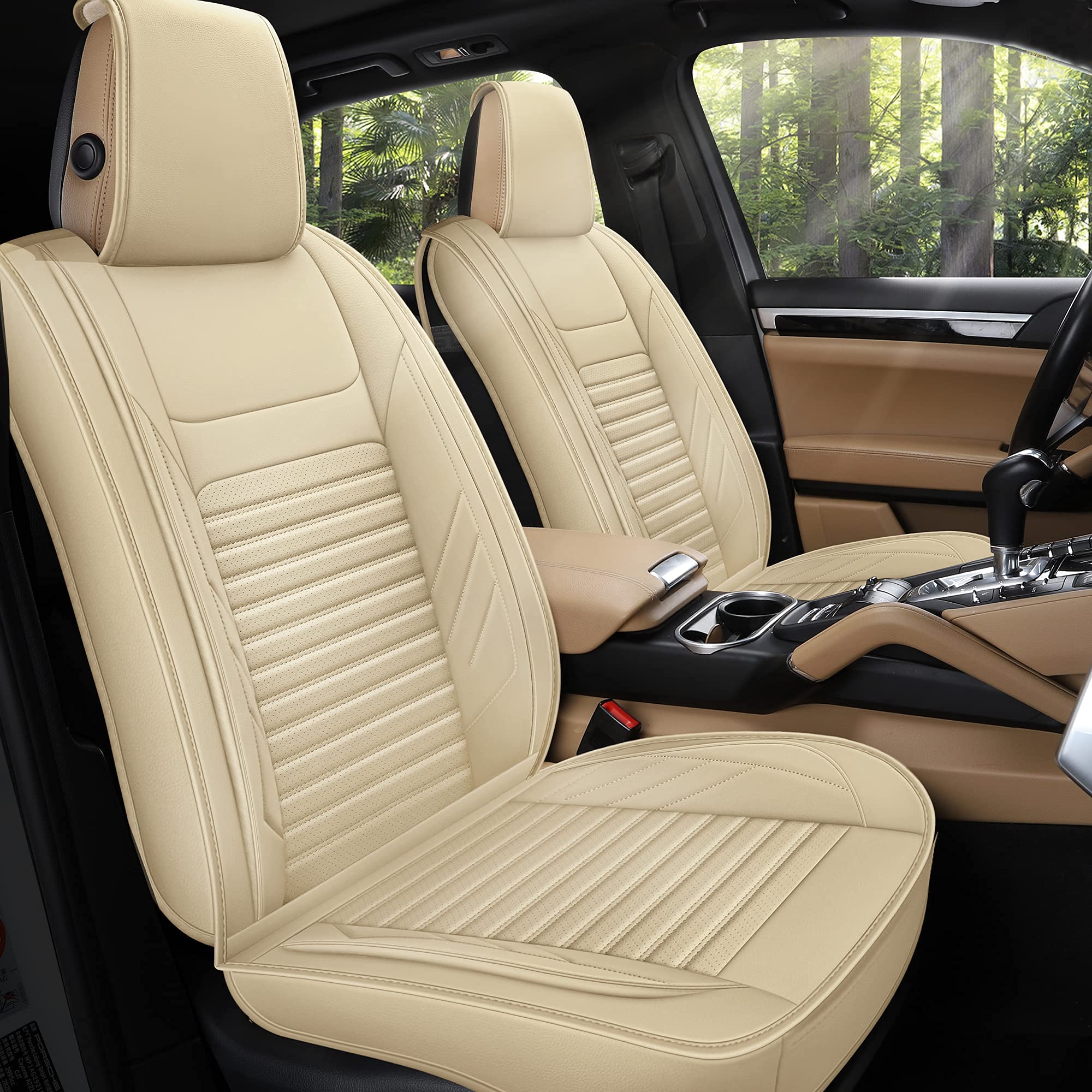 Premium AOOG Leather Car Seat Covers - Universal Fit Leatherette Seat Protectors for Cars, SUVs & Trucks | Non-Slip Auto Interior Accessories (Full Set, Beige) | Perfect for Road Trips, Commuting & Family Protection