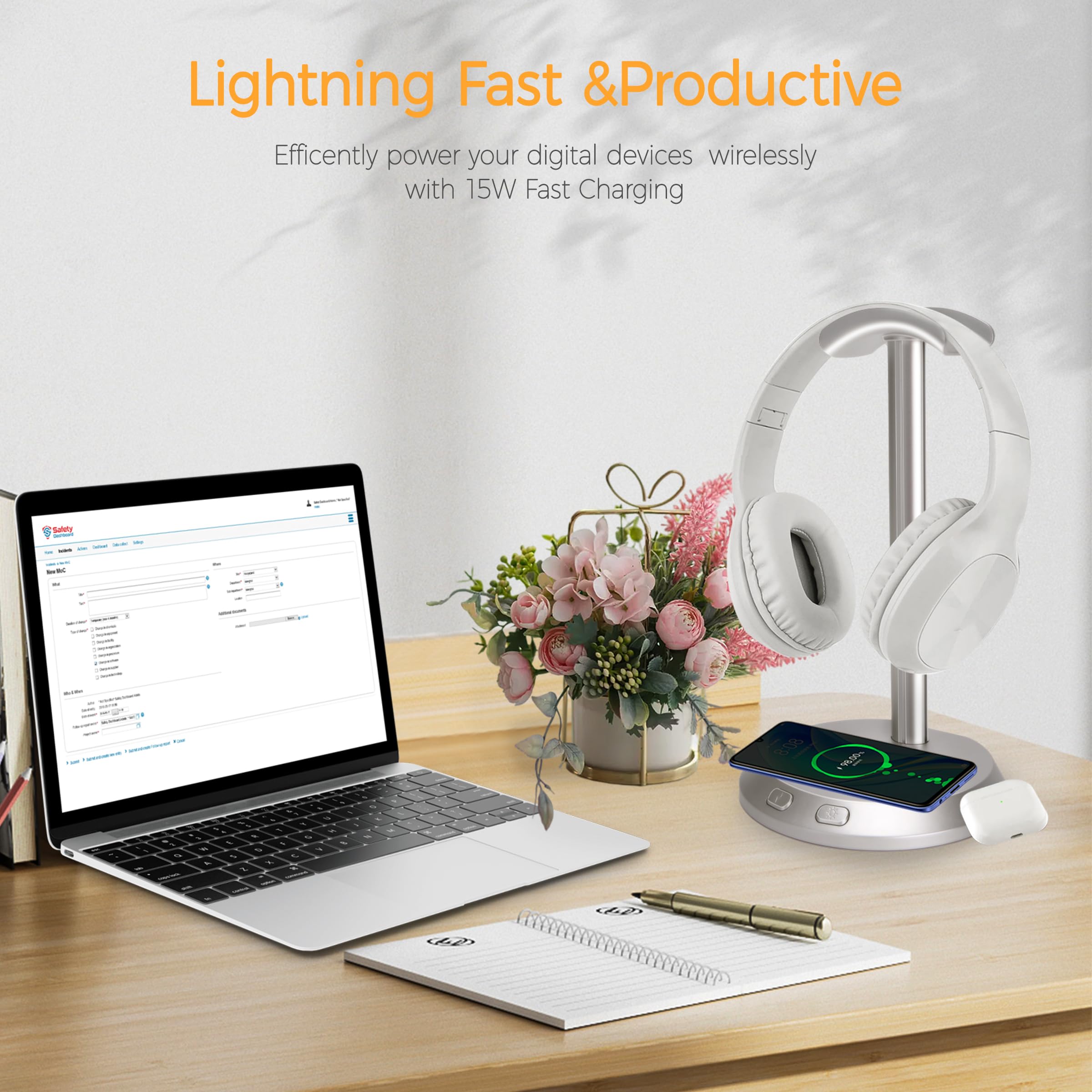 RGB Gaming Headphone Stand with 15W Wireless Charger - Stylish Headset Holder for Desk Accessories, Perfect Computer Gaming Setup & AirPods Charging Station - Ideal Gaming Gift for PC & Console Players (Works with AirPods Pro/3/2) - Great for Home Office, Streaming Setup & Gaming Battlestation