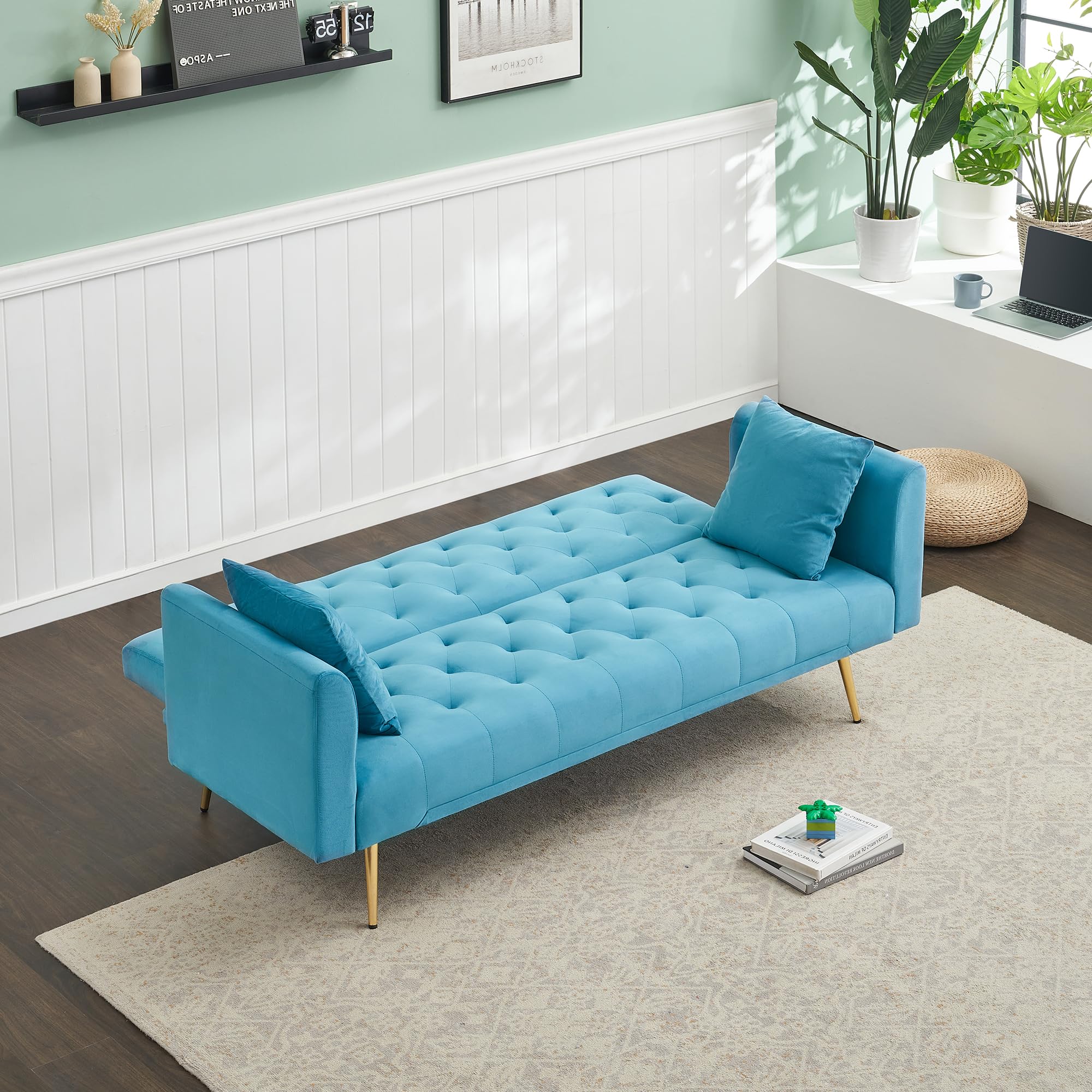 Modern Velvet Sofa Bed Futon - 2-in-1 Convertible Sleeper Couch with Golden Metal Legs & 2 Pillows - Space-Saving Folding Recliner Loveseat for Small Apartments, Living Room, Office, Guest Room (Pale Blue) - Perfect for Studio Living, Overnight Guests & Multi-Functional Spaces
