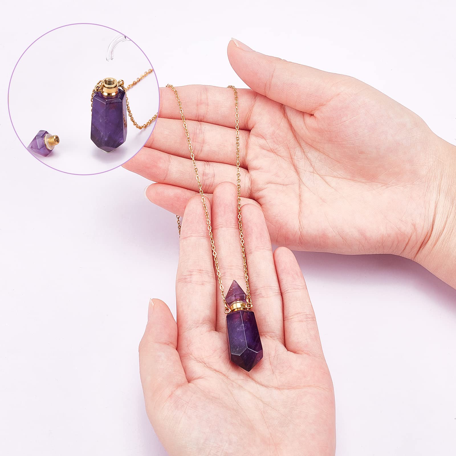 Natural Amethyst Stone Essential Oil Diffuser Pendant Necklace - 19.29 Inch Gold Chain Perfume Bottle Jewelry for Women | Aromatherapy, Spiritual Healing & Unique Gift Idea
