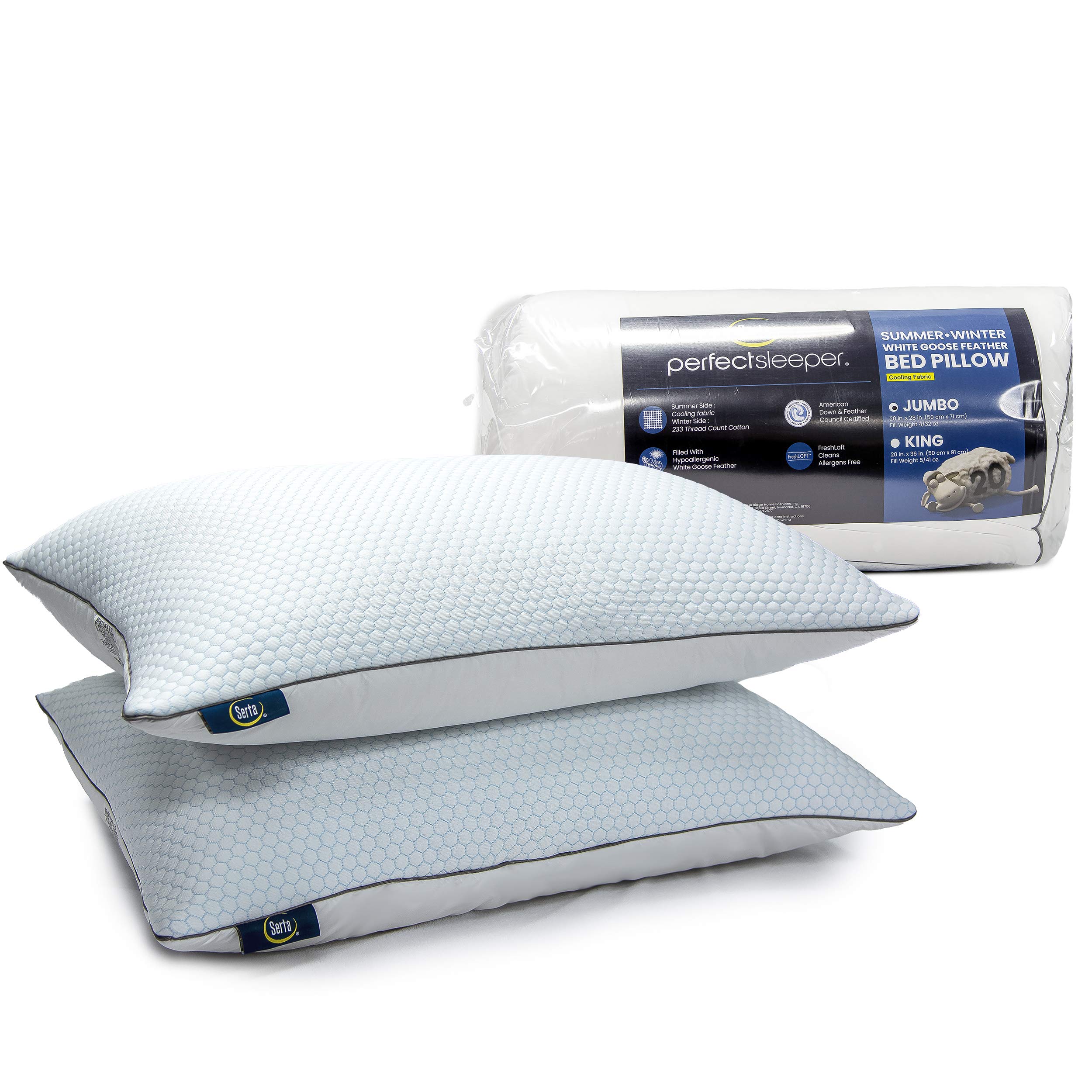 Serta 100% White Goose Feather Pillow - Queen Size 2 Pack, 28x20 Inches, All-Season Luxury Bed Pillows for Side & Back Sleepers | Soft & Supportive for Ultimate Comfort in Bedroom, Guest Room, or Hotel