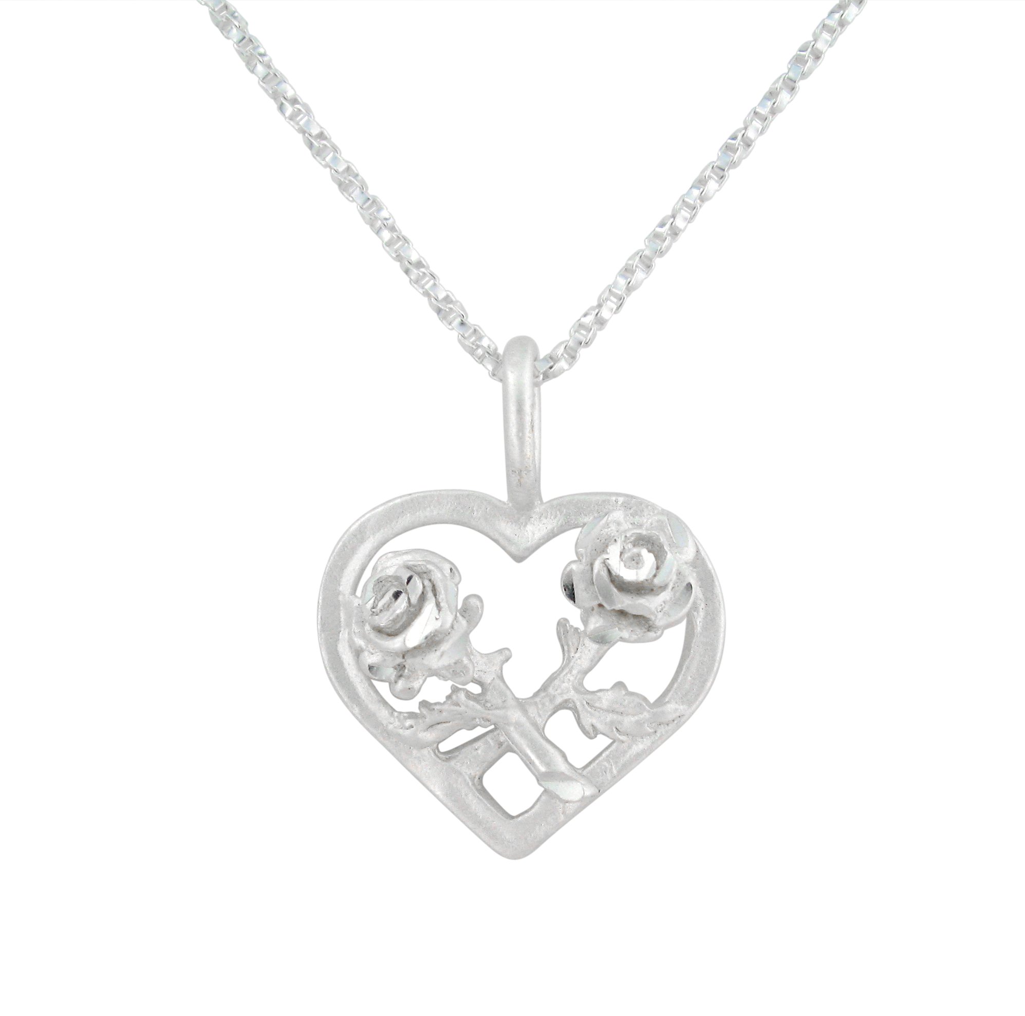 Sterling Silver Matte Finish Two Rose Heart Necklace for Women - Romantic Gift for Valentine's Day, Anniversary & Special Occasions