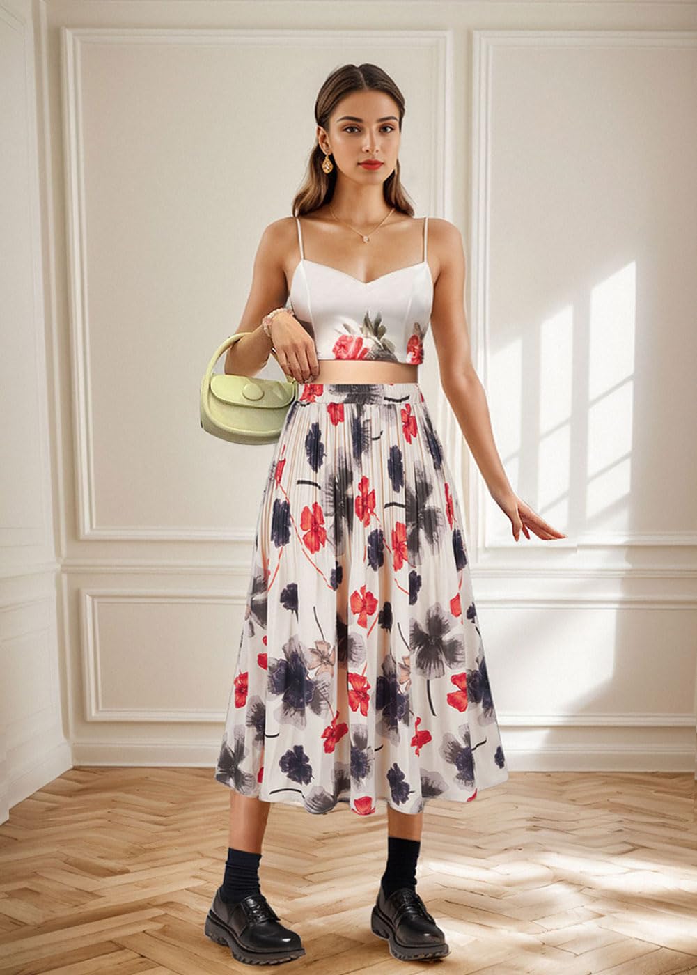 Basoteeuo Women's Leopard Print Midi Skirt - High Waisted A-Line Pleated Long Skirt with Shirring Detail | Perfect for Casual Wear, Office Outfits & Date Nights