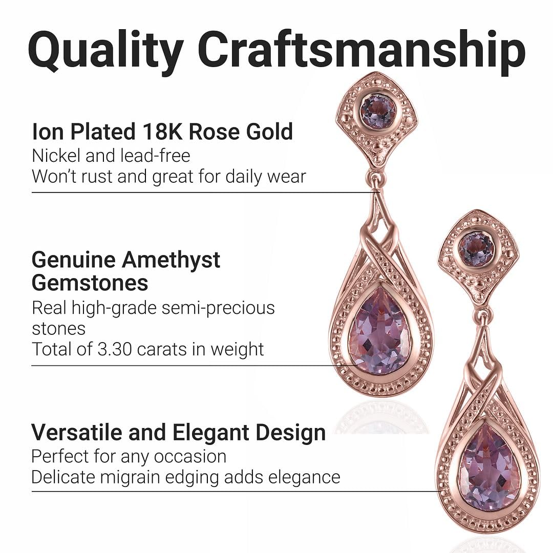 Shop LC Amethyst Earrings - 18K Rose Gold ION Plated Dangle Earrings for Women | February Birthstone Drop Earrings | Elegant Costume Jewelry for Birthday Gifts & Special Occasions | Perfect for Valentine's Day, Anniversaries & Formal Events