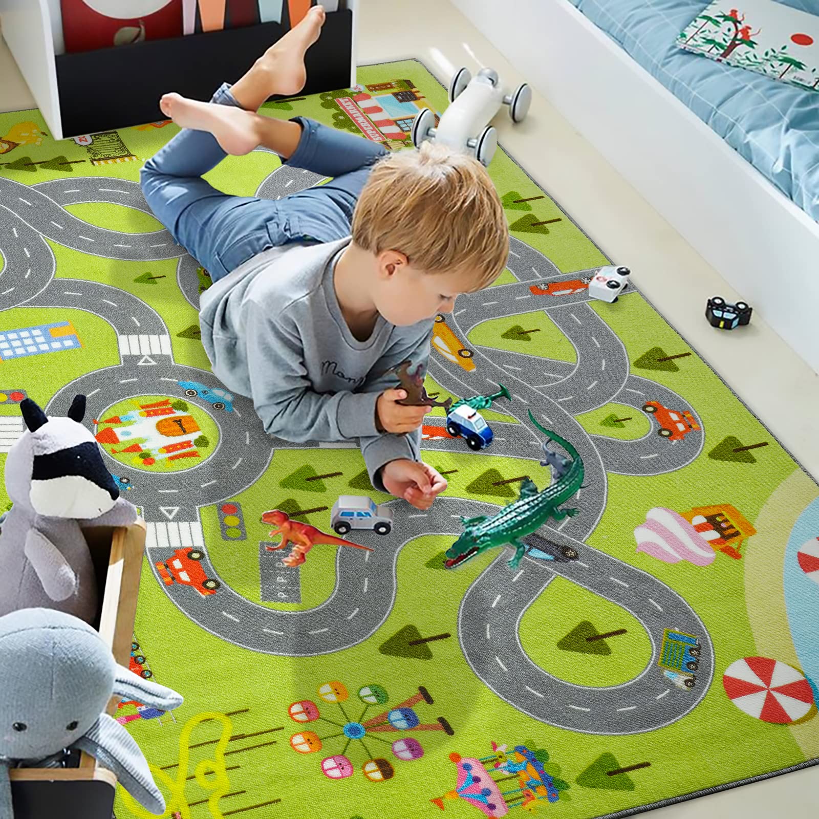 HOMORE Kids Play Mat Rug - 3x5 Feet Educational City Play Rug for Hot Wheels Track Racing & Toys | Non-Slip Carpet Playmat for Children's Bedroom, Playroom & Nursery | Perfect for Pretend Play & Learning Activities