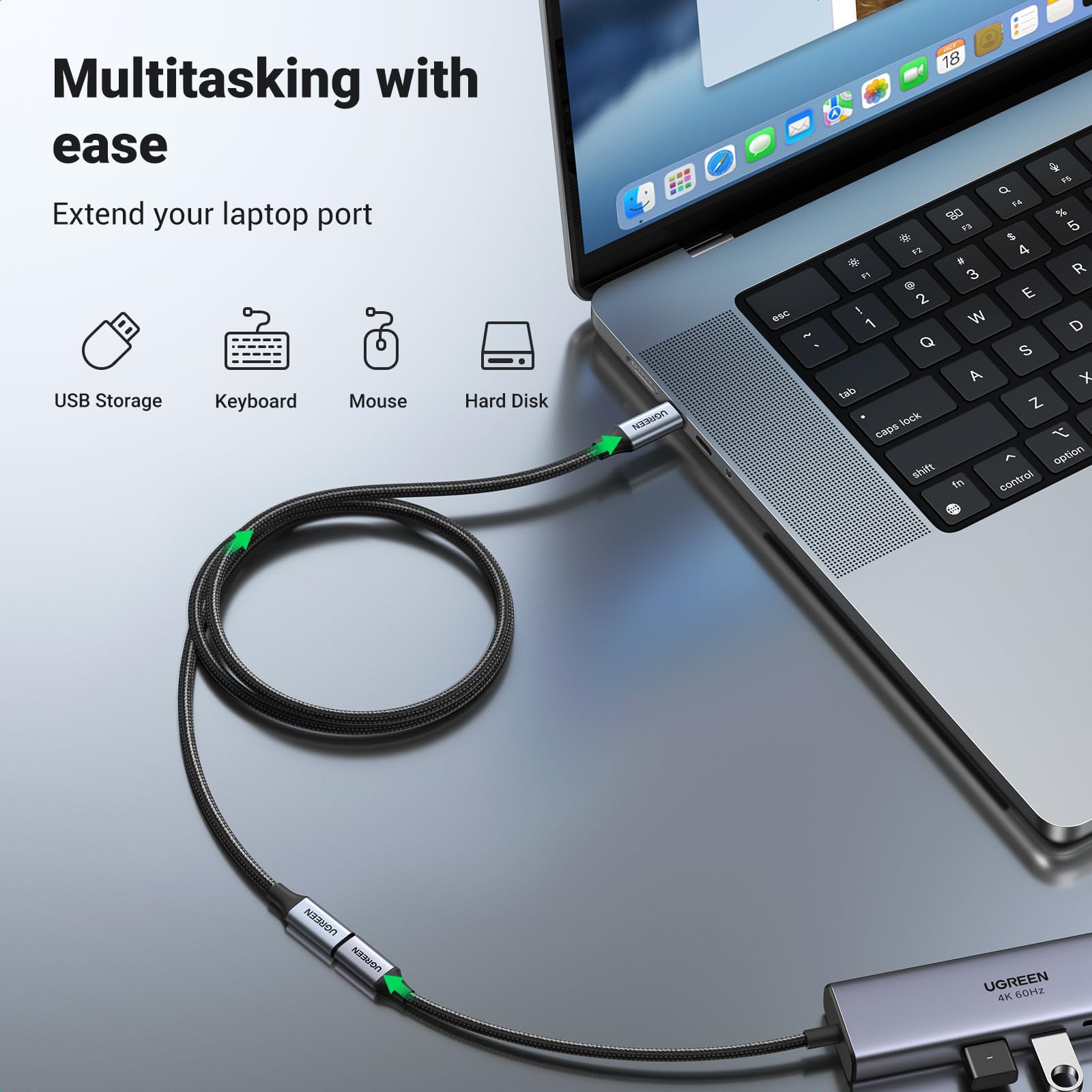 UGREEN USB C Extension Cable 1.5FT - USB 3.2 Gen 2 Type C Male to Female Extender (10Gbps, 4K Video, 100W Fast Charging) - Compatible with iPhone 16/15, Steam Deck, SSD, Docking Station, Hub - Perfect for Home Office, Gaming Setup & Mobile Charging (Grey)
