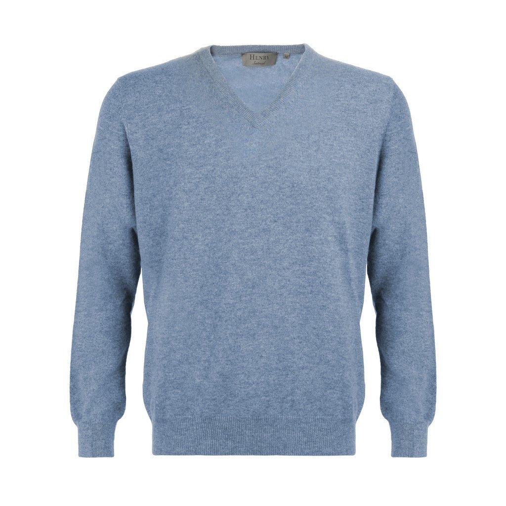 Premium Cashmere V-Neck Sweater for Men - 12GG Light Blue | Soft & Warm Winter Knitwear for Office, Travel & Casual Outfits