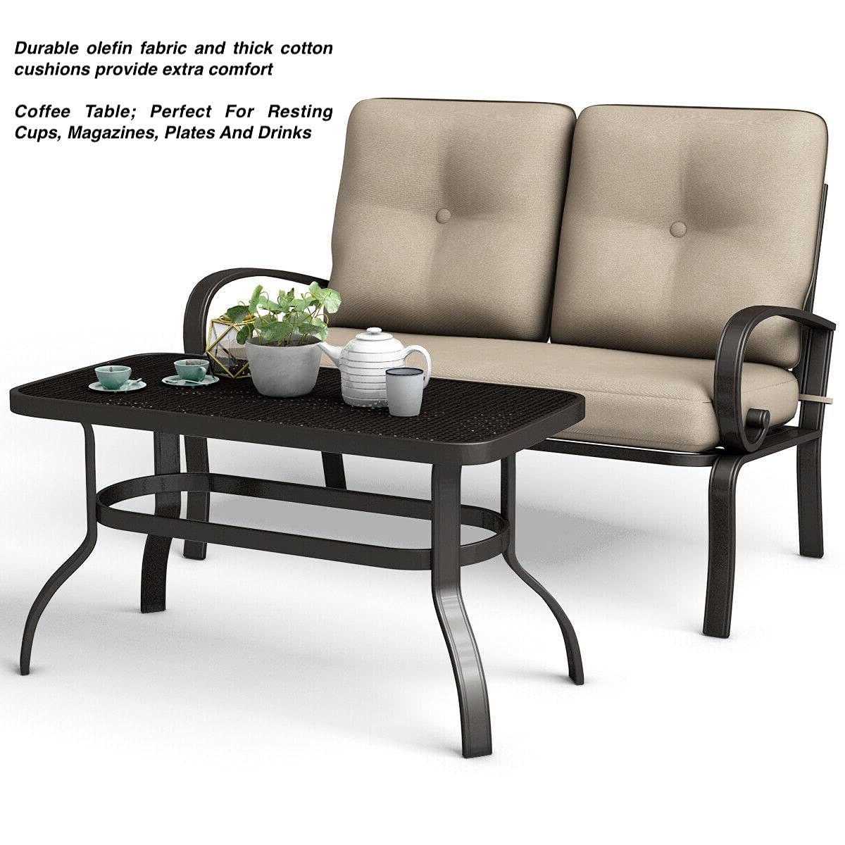 2-Piece Loveseat Coffee Table Set, Outdoor Patio Furniture with Thick Cotton Cushions & Steel Frame - Perfect for Garden, Backyard, Deck, Balcony, Poolside - Ideal for Relaxing, Entertaining, and Outdoor Dining