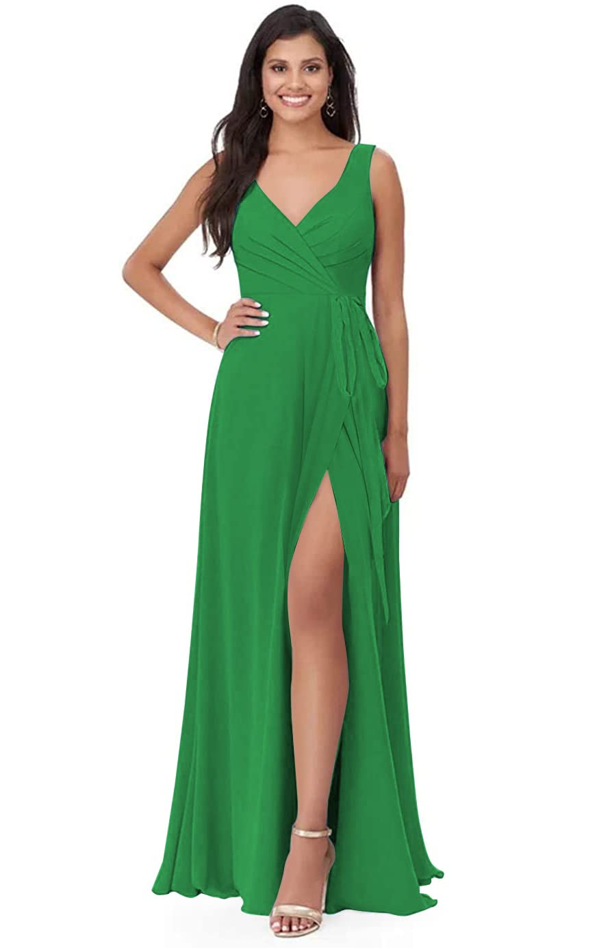 Elegant Split V Neck Chiffon Bridesmaid Dress - Long A-line Formal Evening Gown with Pleated Detail & Belt for Women | Perfect for Weddings, Prom & Special Occasions