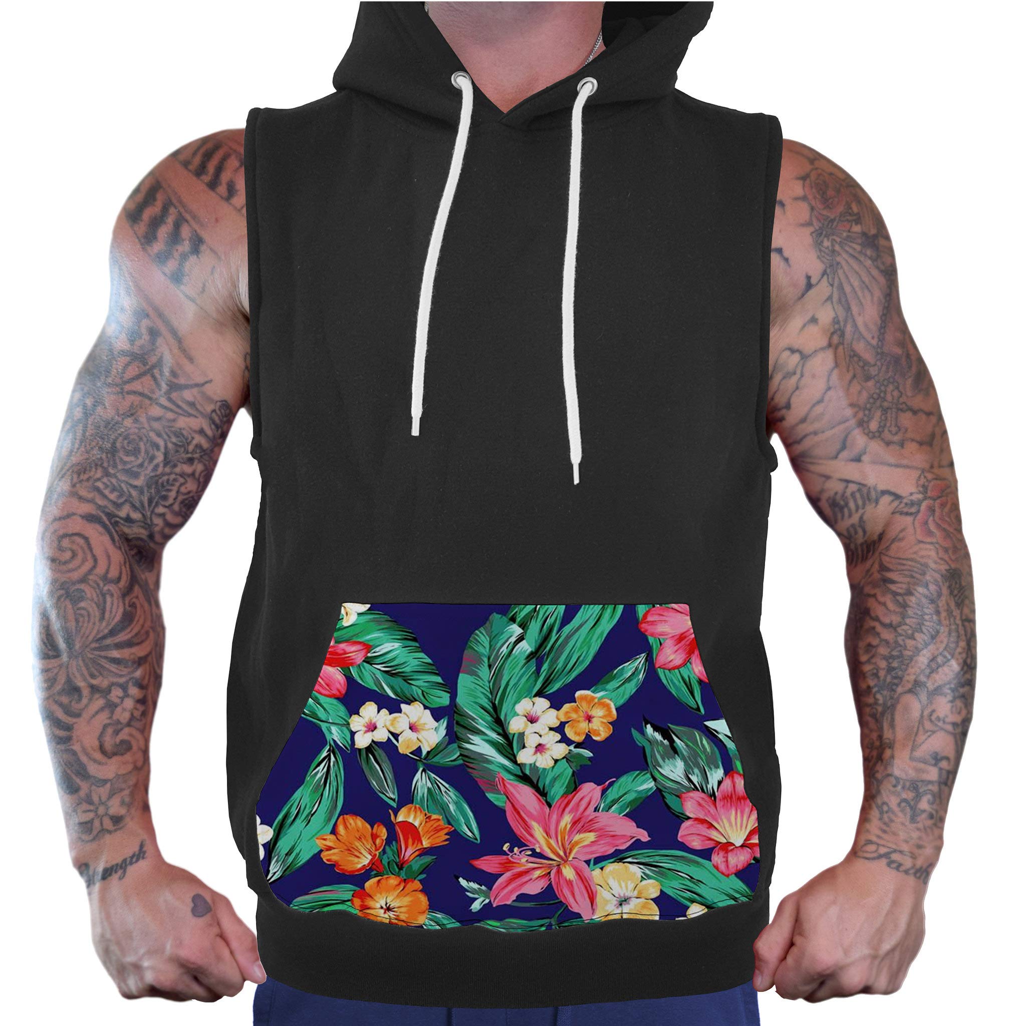Men's Hawaiian Floral Print Black Hooded Vest with Pockets - Stylish & Comfortable for Beach, Travel & Casual Wear