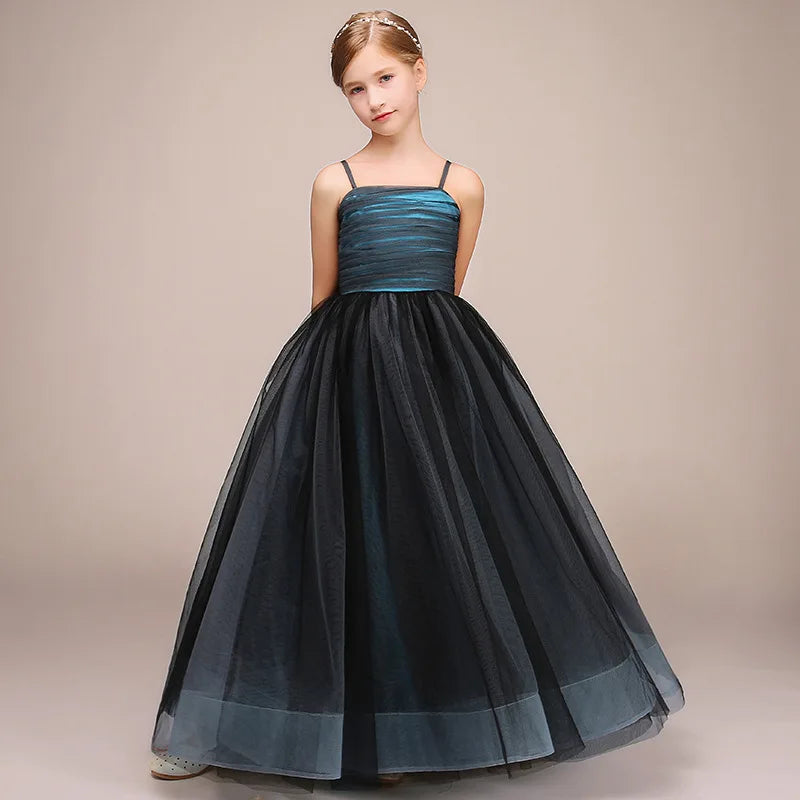 Elegant Tulle Spaghetti Strap Flower Girl Dress - Long Princess Gown for Weddings, Parties & Special Occasions | Perfect for Flower Girls, Pageants & Formal Events