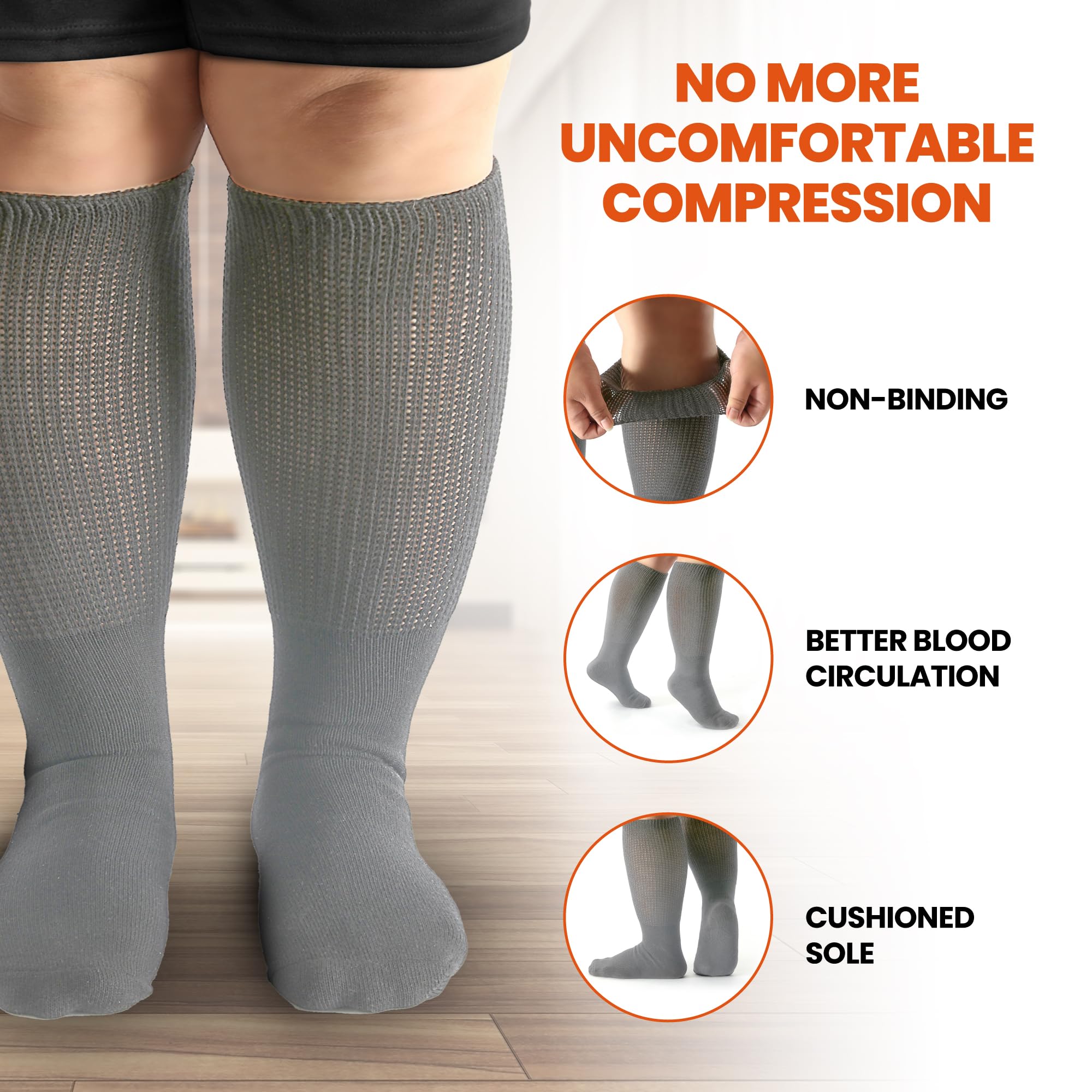 Wide Calf Socks for Women & Men - Extra Wide Diabetic Socks (3 Pairs) - Comfortable Loose Fit Socks for Swollen Feet, Edema & All-Day Wear