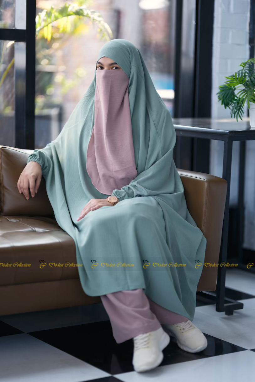 French Cut No Niqab Unjila Jilbab - Modest Islamic Abaya in Pistachio Green | Perfect for Prayer, Mosque & Everyday Wear