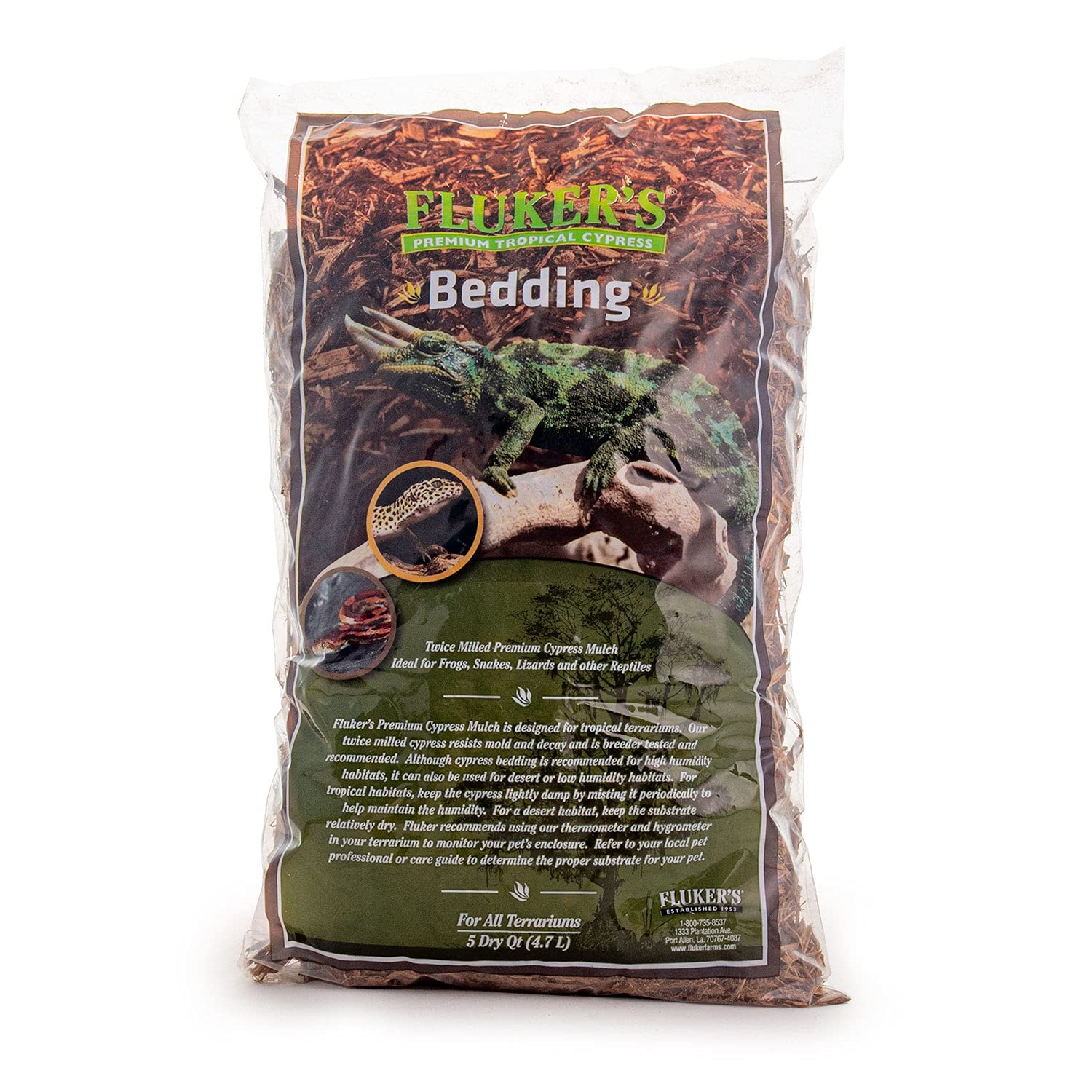 Fluker's Premium Tropical Cypress Bedding for Reptiles - 5 QT Natural Substrate for Terrariums & Vivariums | Ideal for Snakes, Lizards & Geckos | Moisture-Retaining & Odor-Control Reptile Habitat Accessory