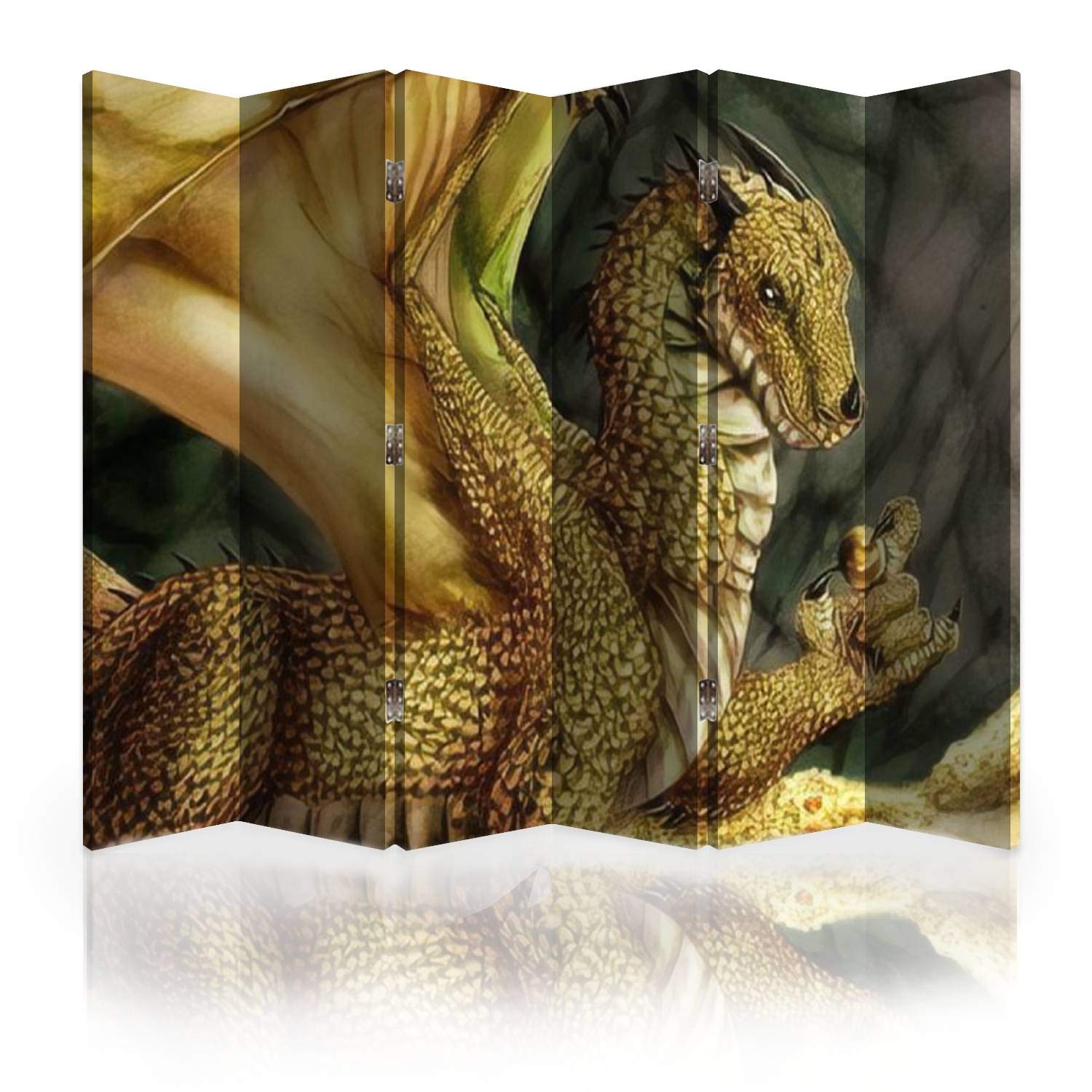 Golden Dragon Canvas Room Divider Screen - 6 Panel Folding Privacy Partition with Gold Coins Design | Decorative Wall Separator for Living Room, Bedroom & Office Spaces