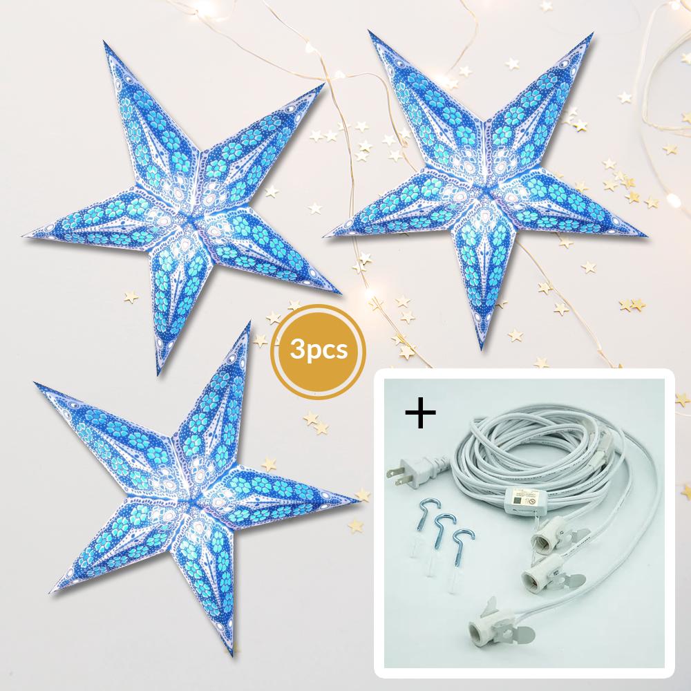 3 Pack Blue Petal Cut 24 Inch LED Illuminated Paper Star Lanterns - Includes Bulbs & Cord - Perfect for Bedroom Decor, Wedding Centerpieces & Party Lighting