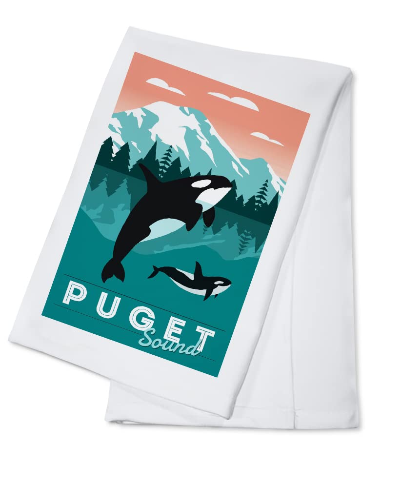 Puget Sound Orca Whale and Calf 100% Cotton Tea Towel - Decorative Hand Towel for Kitchen, Bathroom & Home Decor - Perfect for Dish Drying, Gift Giving and Coastal Themed Decor