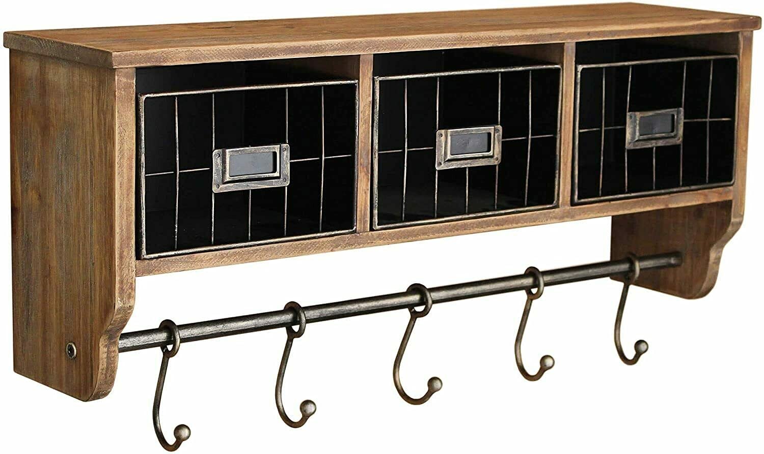 Rustic Brown Wooden Wall Cabinet with Metal Wire Baskets & Hooks - Vintage Storage Shelf for Kitchen, Bathroom, or Entryway Organization