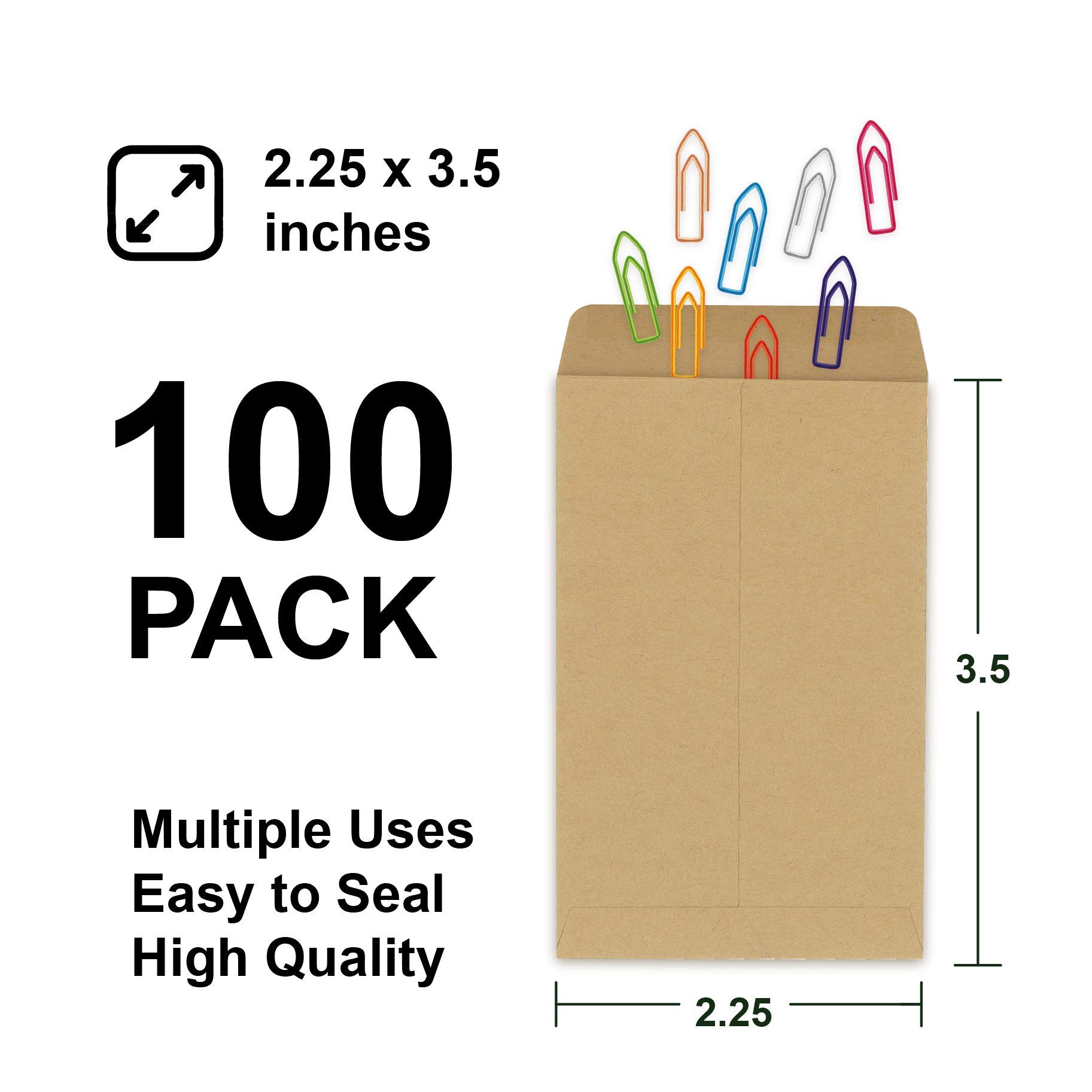 100 Pack Kraft Coin Envelopes with Gummed Seal - 2.25 x 3.5 Inches Small Parts Storage Organizer for Coins, Seeds, Jewelry & Crafts | Perfect for Collectors, Gardeners & DIY Projects