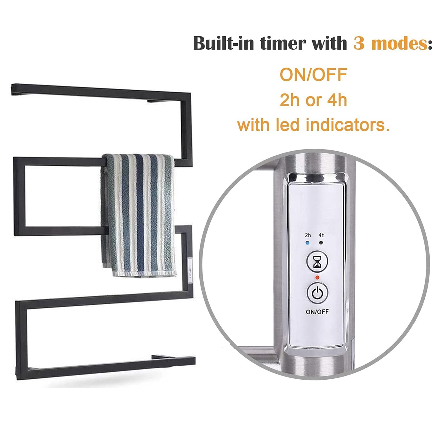 Premium Electric Heated Towel Warmer - 88W Hardwired Stainless Steel Towel Rack with 2/4H Timer | Wall Mounted Waterproof Bath Towel Heater (Black) for Spa, Bathroom & Luxury Home Use