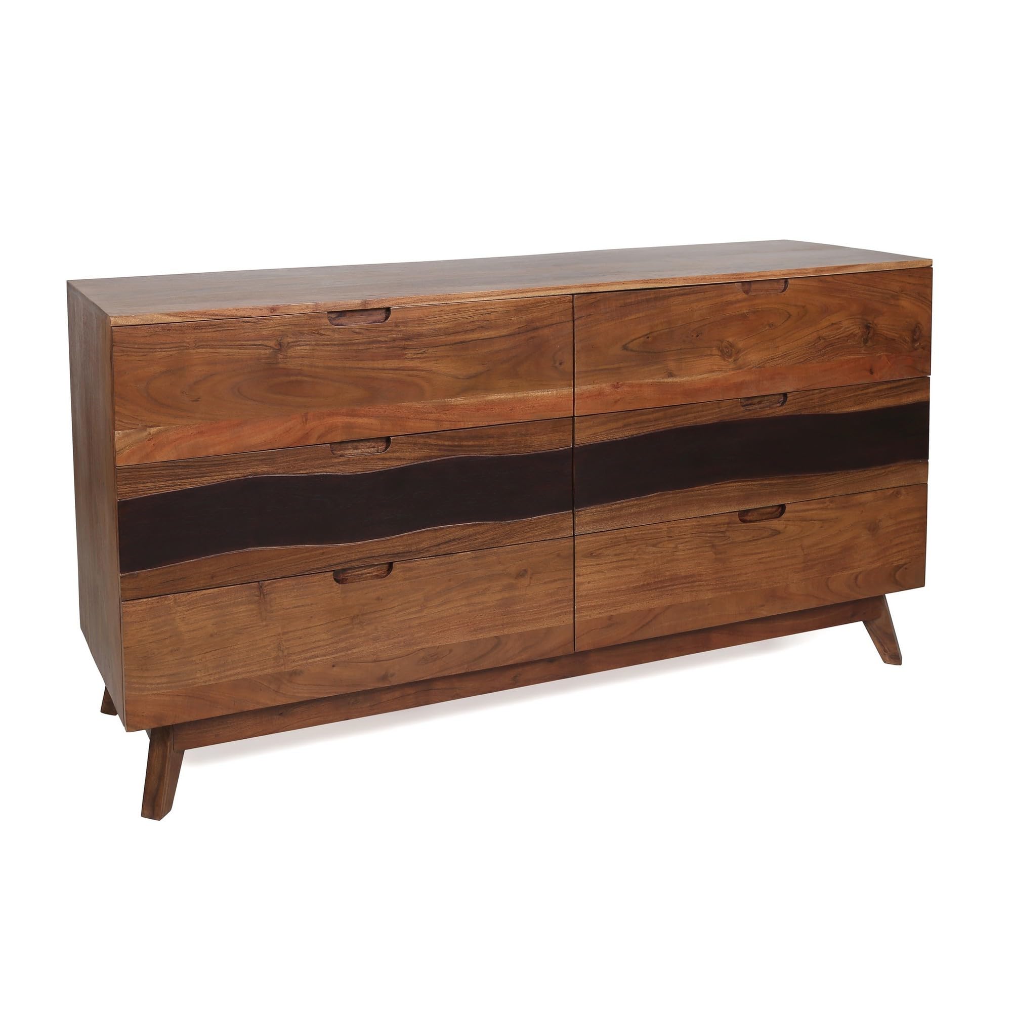 Benjara BM285077 59-Inch Acacia Wood 6-Drawer Long Dresser with Spacious Storage - Brown Finish for Bedroom Furniture & Home Organization