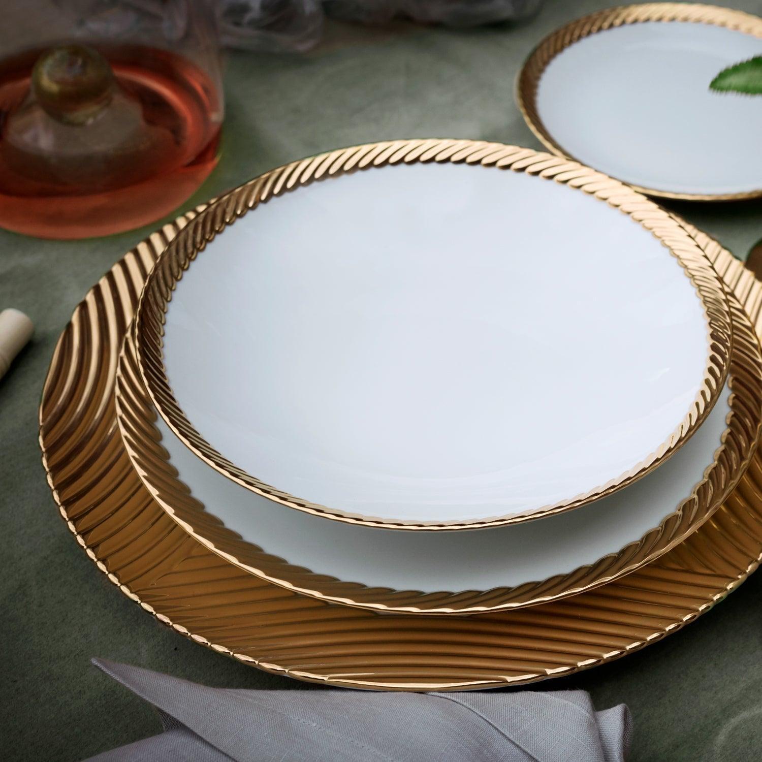 Premium Porcelain Dinner Plates Set of 6 - Elegant Round Corded Edge Dishes for Formal Dining, Restaurant & Home Entertaining - Microwave & Dishwasher Safe