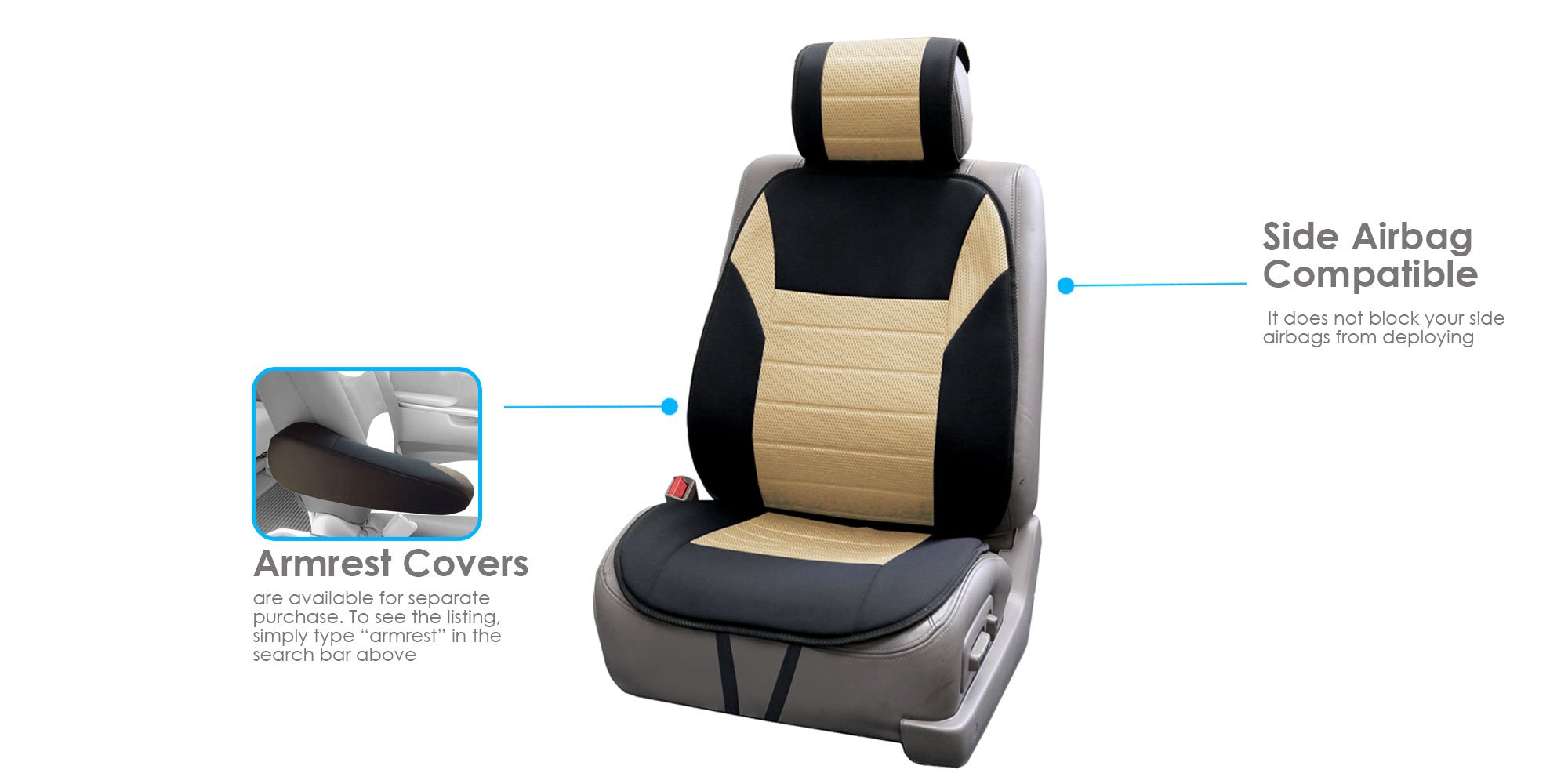 Premium 3D Air Mesh Car Seat Cushion - Universal Fit for SUV, Sedan, Van | FH Group Front Set Automotive Seat Cover | Breathable & Airbag Compatible | Beige | Perfect for Long Drives & Commuting
