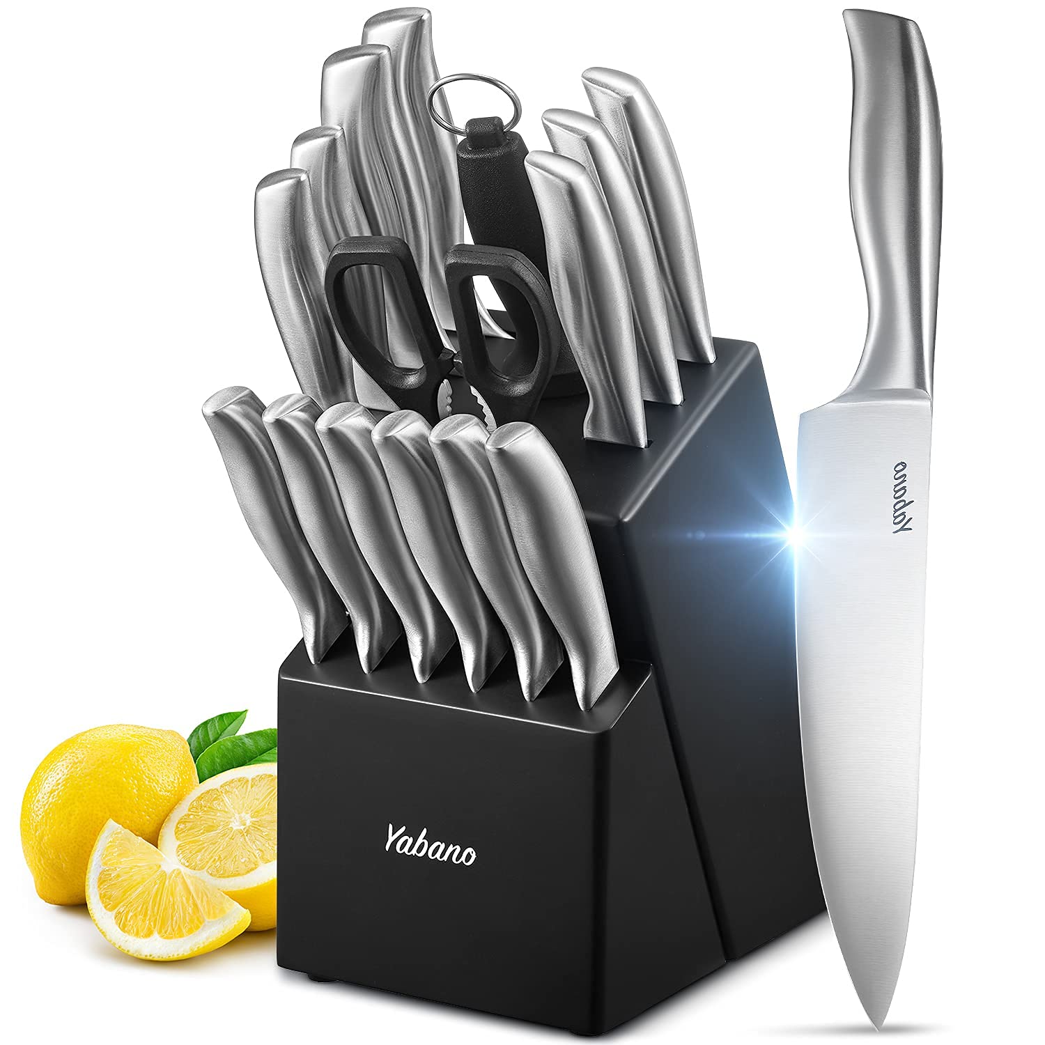 Yabano 16-Piece German High-Carbon Stainless Steel Knife Set with Wooden Block - Includes Chef Knife, Steak Knives, Meat Scissors & Sharpener | Perfect for Home Kitchen, Professional Cooking & Meat Preparation