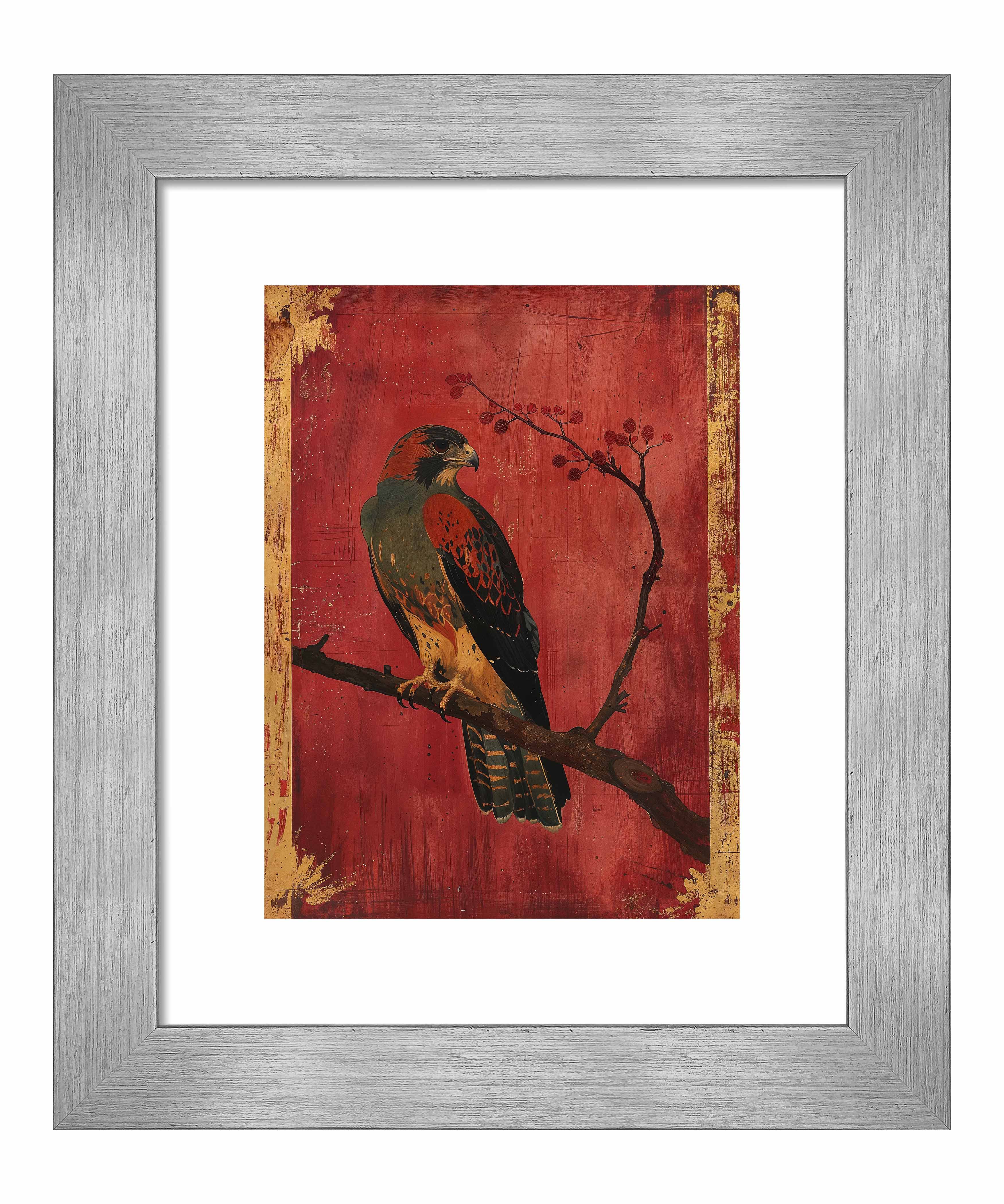 Crimson Majesty Falcon of the Silk Road Art Prints - Elegant Wall Decor for Living Room, Bedroom & Office | Historical Silk Road Inspired Artwork