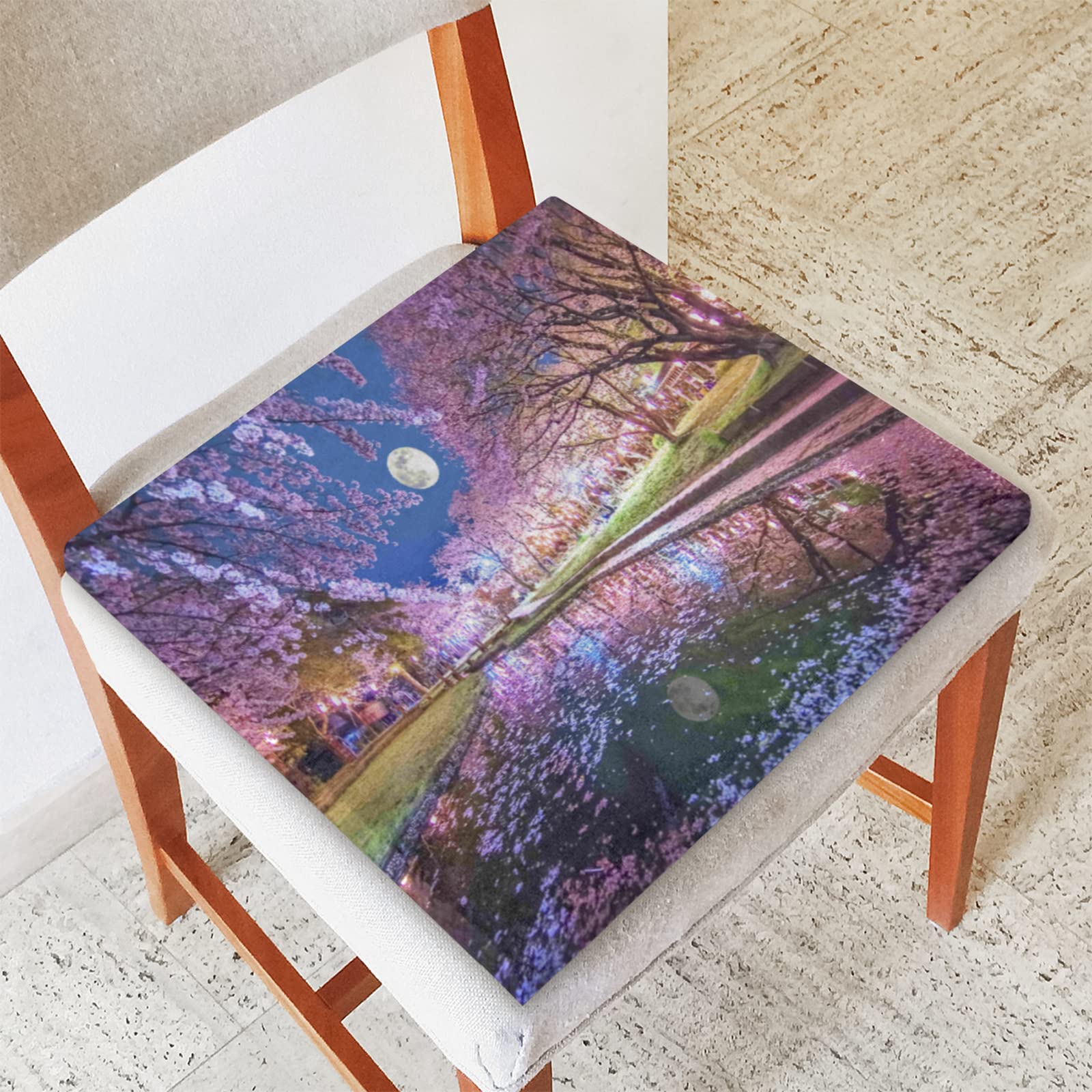 Japanese Riverside Cherry Blossom Memory Foam Seat Cushion - Soft, Washable & Comfortable Square Chair Pad with Zipper for Kitchen, Office, Sofa & Home Use - Perfect for Back Pain Relief & Long Sitting Sessions